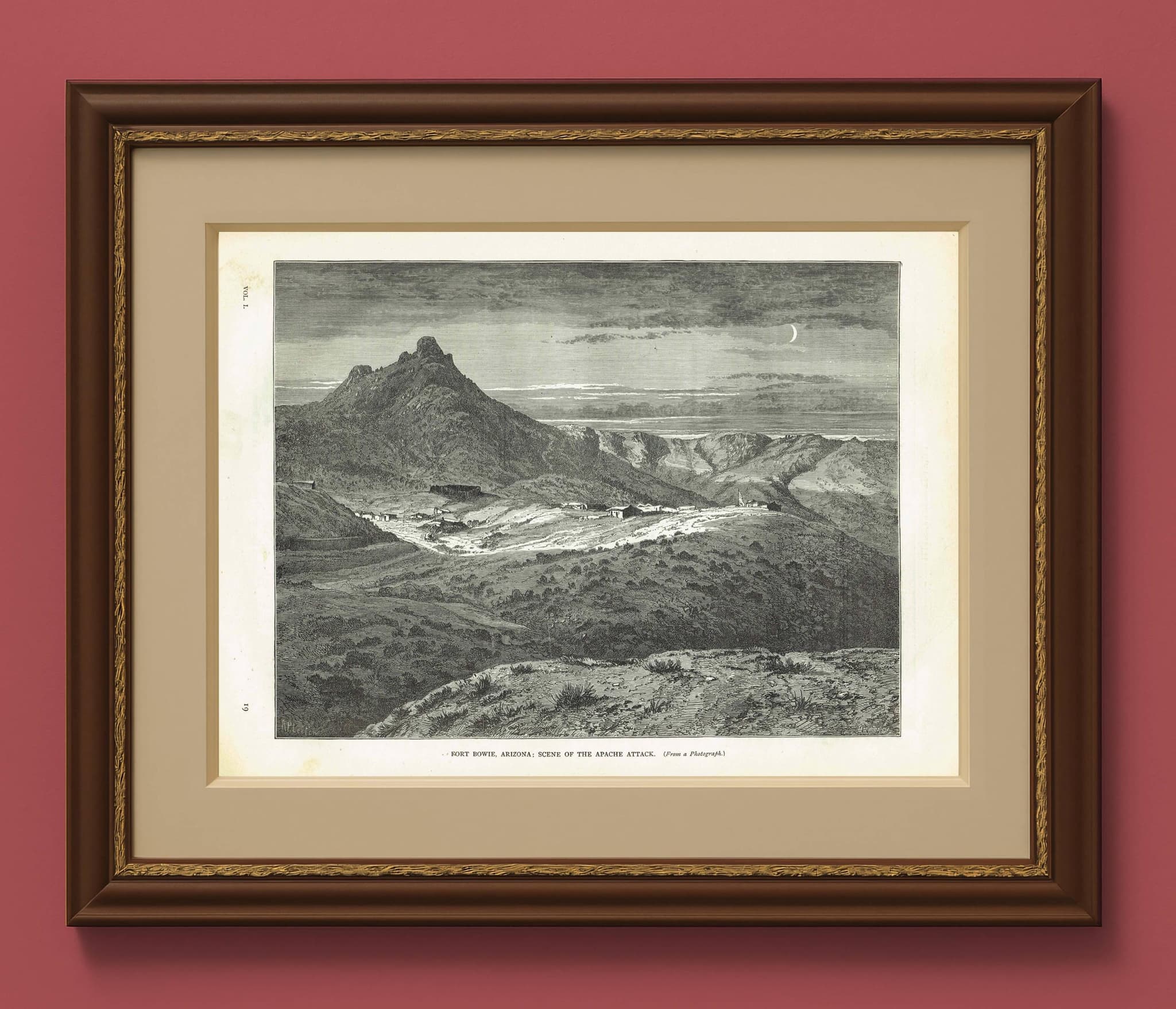 1870s Fort Bowie Arizona Apache Attack Scene Woodblock Print - Western Military History - Victorian Travel Geography - 12 x 8.5 in