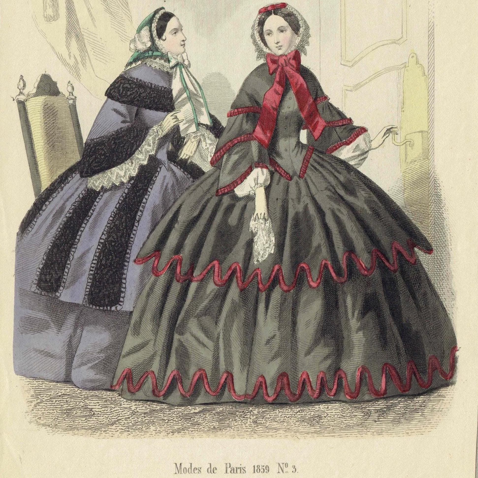 1859 Modes de Paris No.3 Print - Hand Coloured Fashion Plate - Victorian Dresses Paris Couture - 9.5 x 6.5 in
