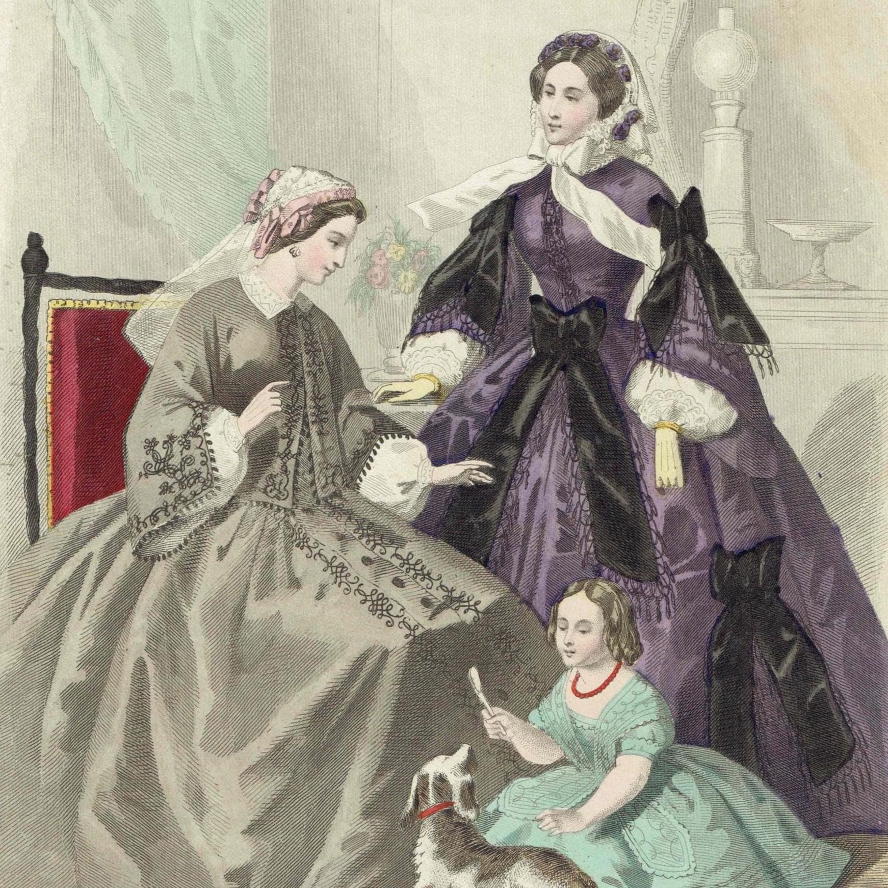 1860 Modes de Paris No.6 Print - Parisian Fashion Plate - Hand-Coloured Lithograph Women & Child - 9.5 x 6.5 in