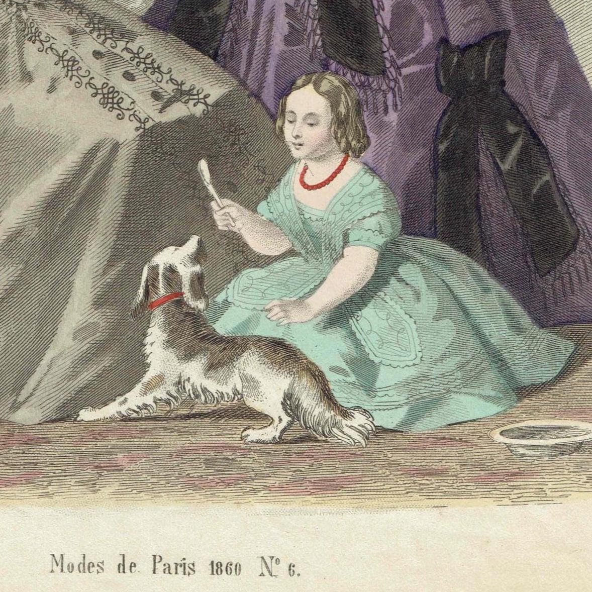 1860 Modes de Paris No.6 Print - Parisian Fashion Plate - Hand-Coloured Lithograph Women & Child - 9.5 x 6.5 in - Image 3