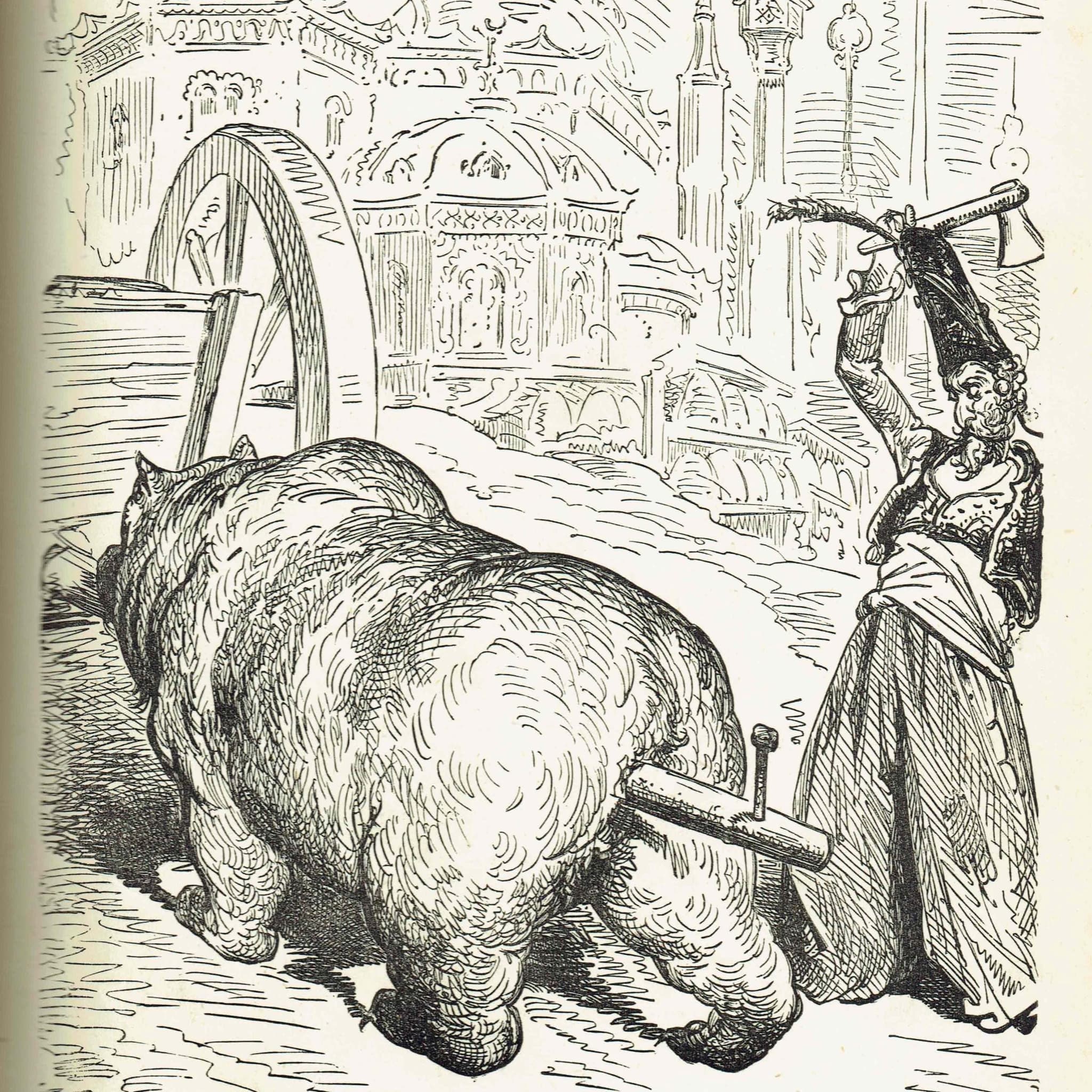 1867 Baron Munchausen Riding Giant Pig - Original Antique Print By Doré - Fantasy Adventure Tale Illustration - 6 x 9 in