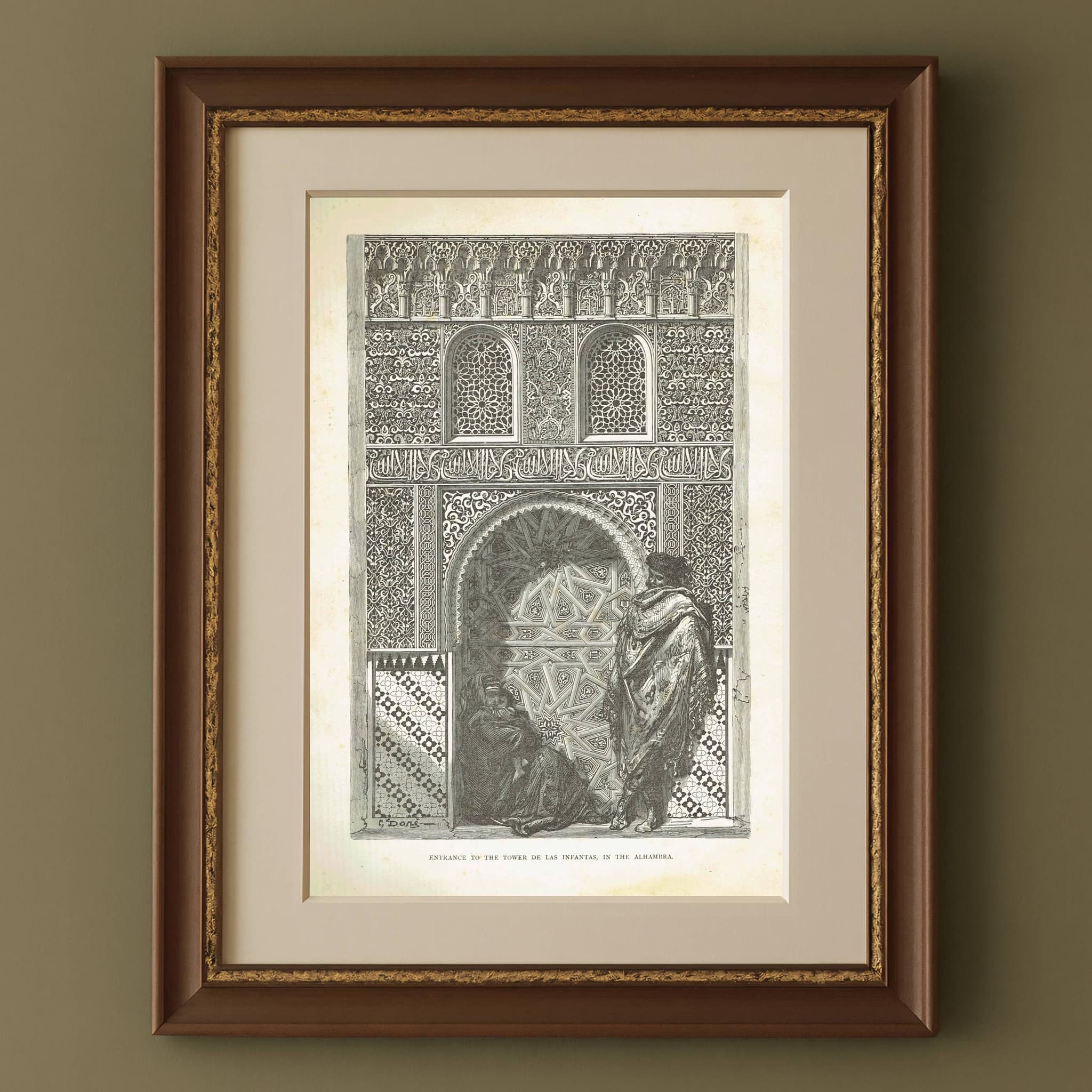 1870s Original Moorish Alhambra Architecture Woodblock Print - Spanish Islamic Palace Gateway - Victorian Travel Book Drawing - 8.5 x 12 in