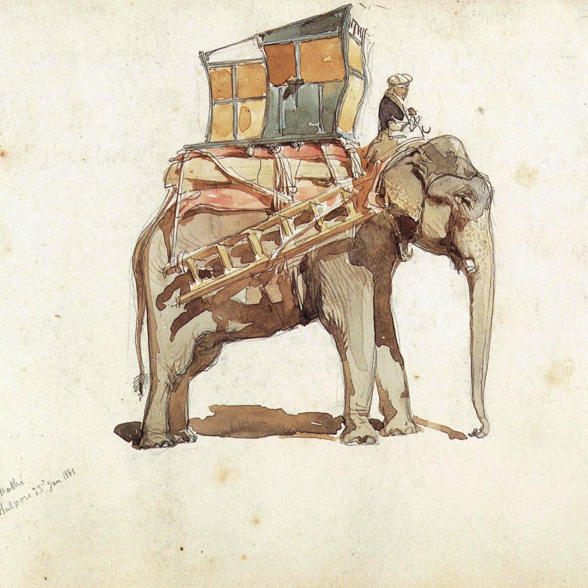 1986 Elephant, Jabalpur - Visions of India Vintage Print - William Simpson - 9.25 x 8.5 in
