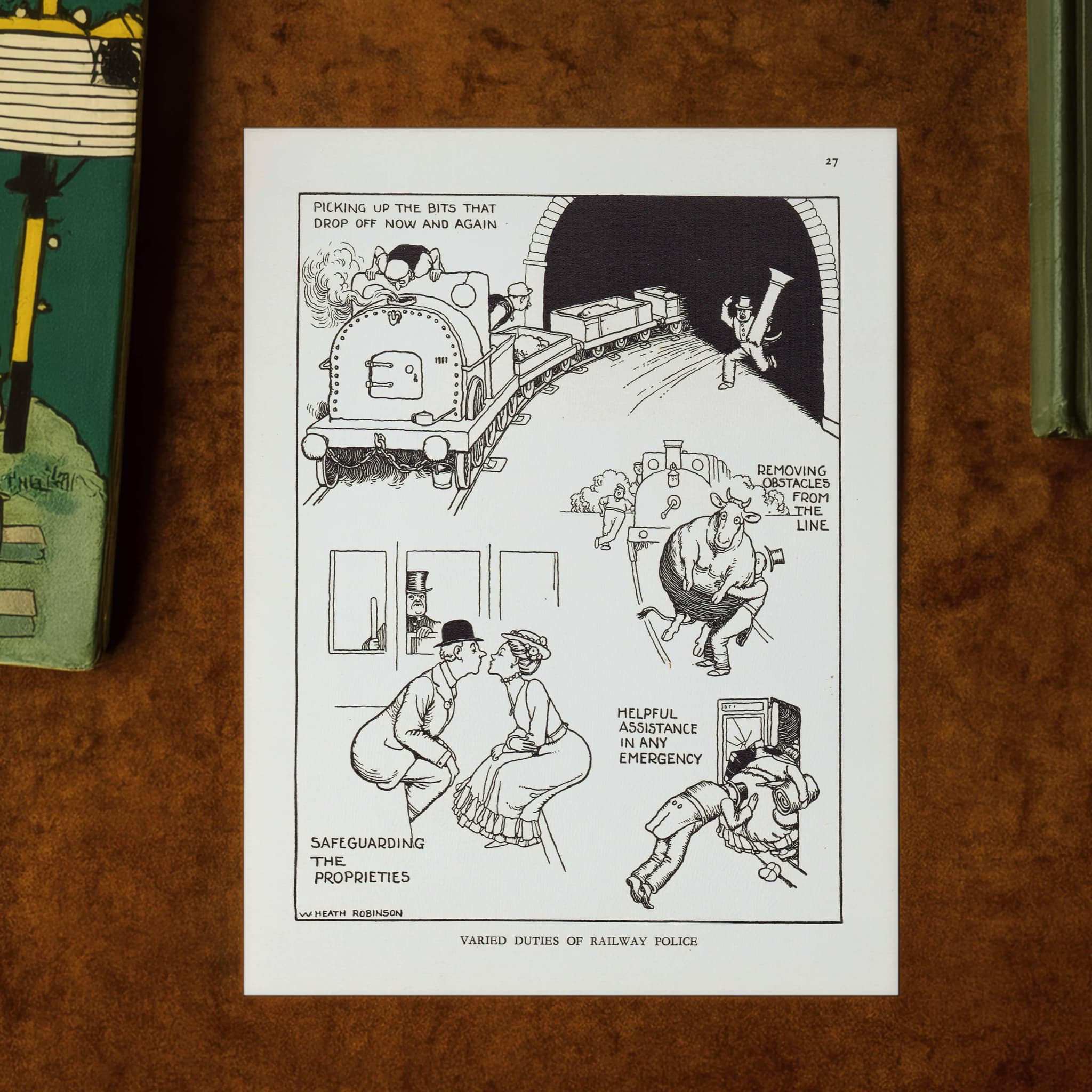 1935 Railway Police Duties - Original Vintage Print By Heath Robinson - Great Western Railway Centenary Humorous Cartoon - 7 x 9.5 in