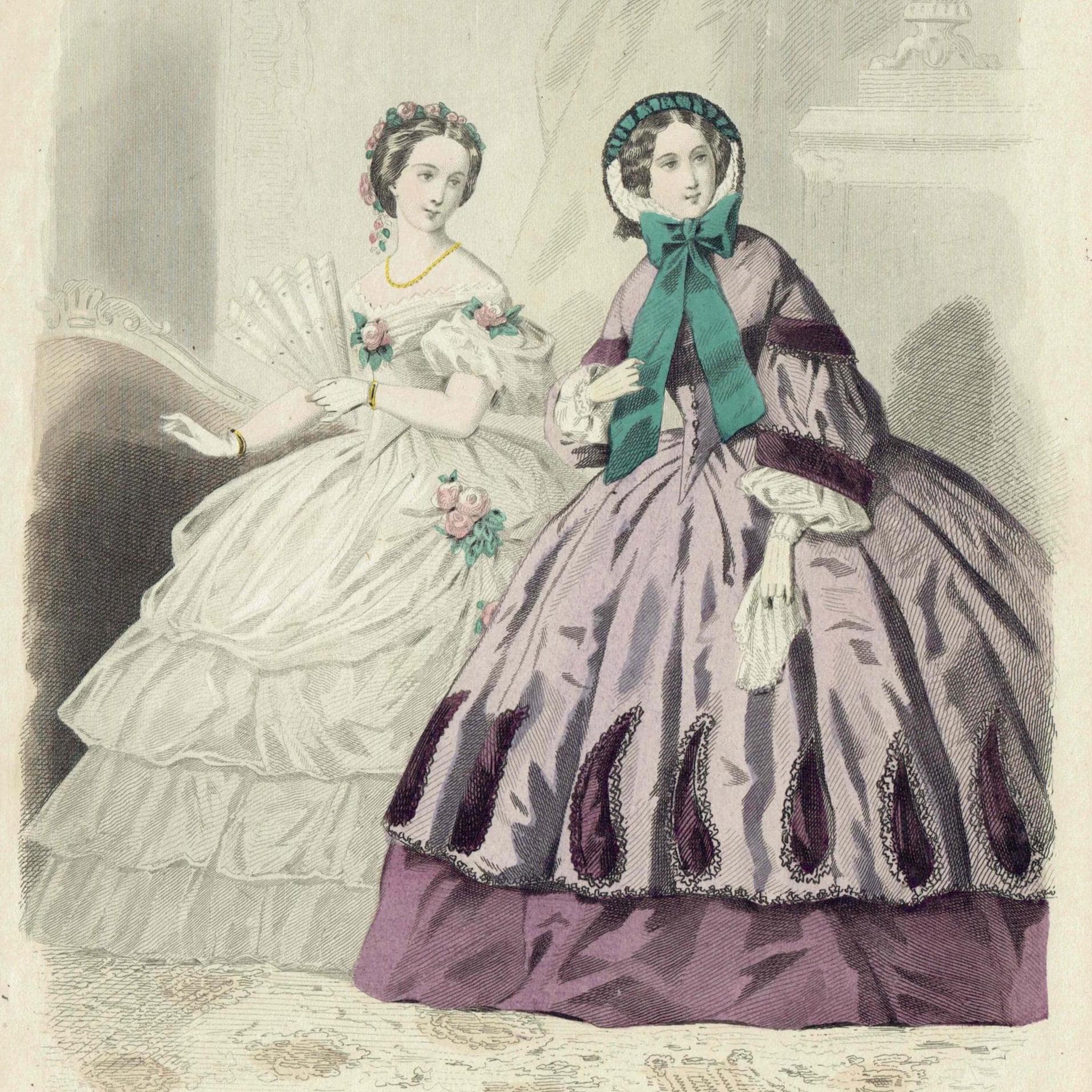 1859 Modes de Paris No.7 Print - Two Elegant Ladies in Parisian Gowns - Hand Coloured Fashion Illustration - 9.75 x 6.75 in