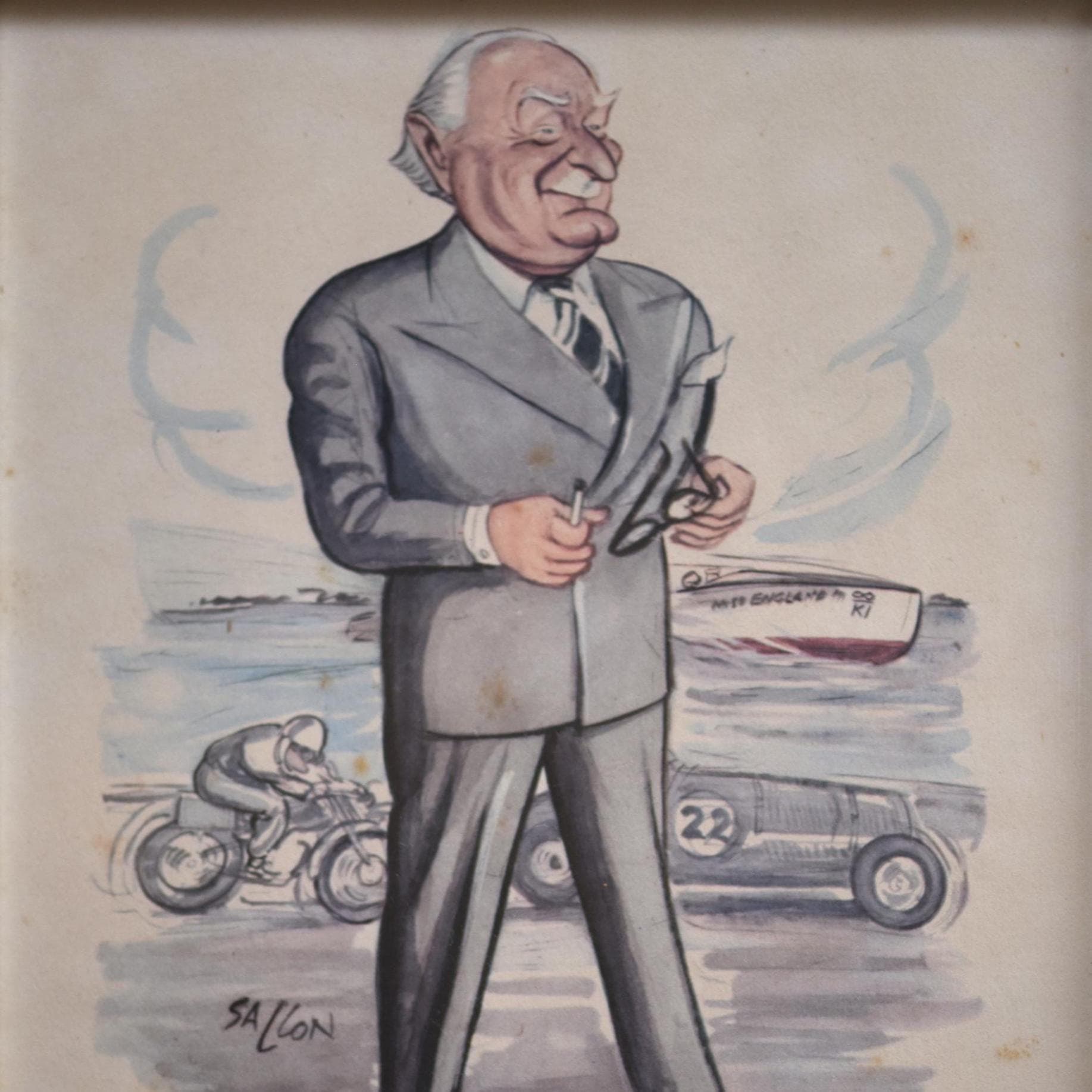 1956 Kaye Don Motorsport Caricature by Sallon Print - Racing Driver Miss England Motorboat - Brooklands Circuit Record Holder - 11 x 7.75 in