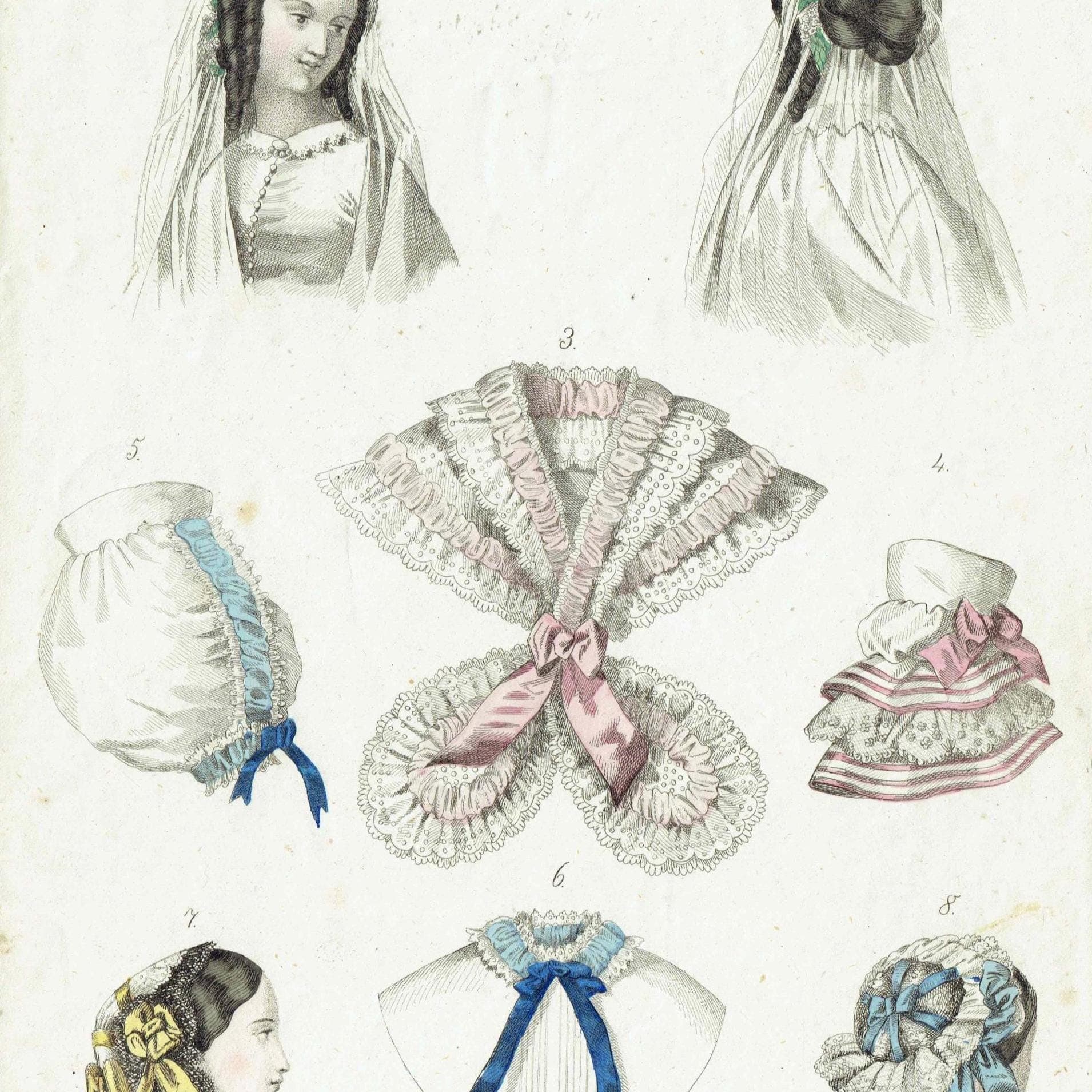 1857 Modes de Paris Print - Parisian Headwear & Collars - Hand Coloured Fashion Engraving - Vintage Costume Plate - 9.75 x 6.75