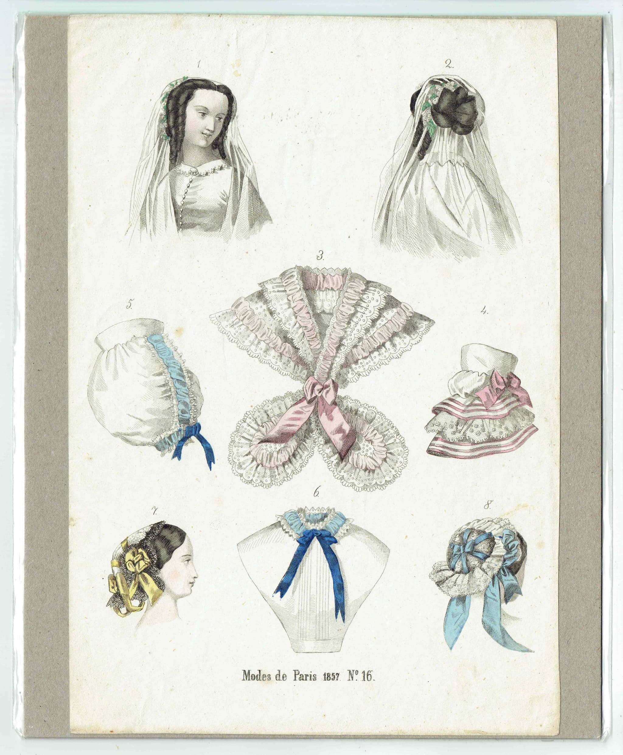 1857 Modes de Paris Print - Parisian Headwear & Collars - Hand Coloured Fashion Engraving - Vintage Costume Plate - 9.75 x 6.75 - Image 2