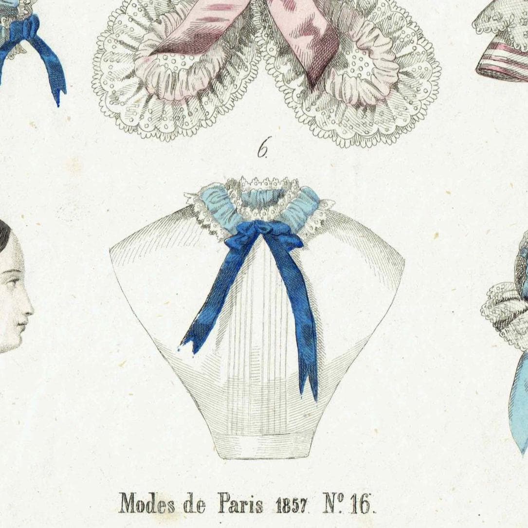 1857 Modes de Paris Print - Parisian Headwear & Collars - Hand Coloured Fashion Engraving - Vintage Costume Plate - 9.75 x 6.75 - Image 3