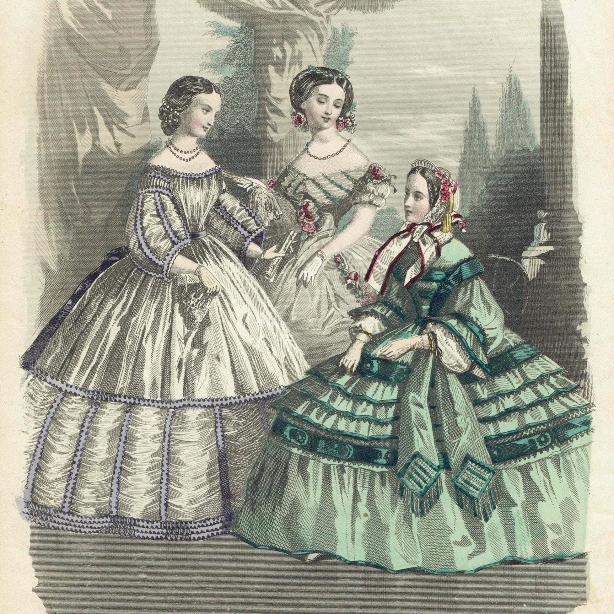 1860 Modes de Paris No.18 Print - Three Elegant Women French Fashion Plate - Hand-Coloured Victorian Dresses - 9.5 x 6.5 in