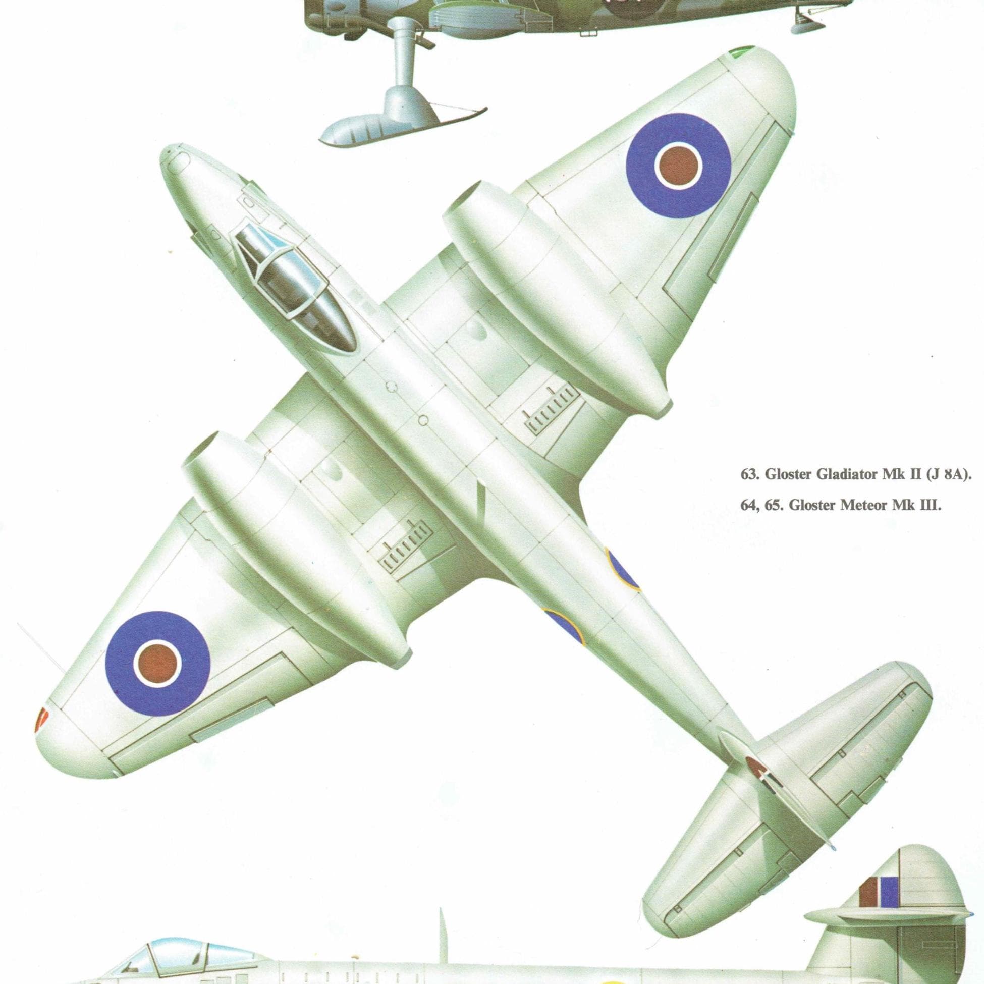 1985 - Gloster Gladiator Mk II & Gloster Meteor Mk III Vintage Aircraft Print - John A Weal - WwII RAF Planes Illustration - 8 x 10.75 in