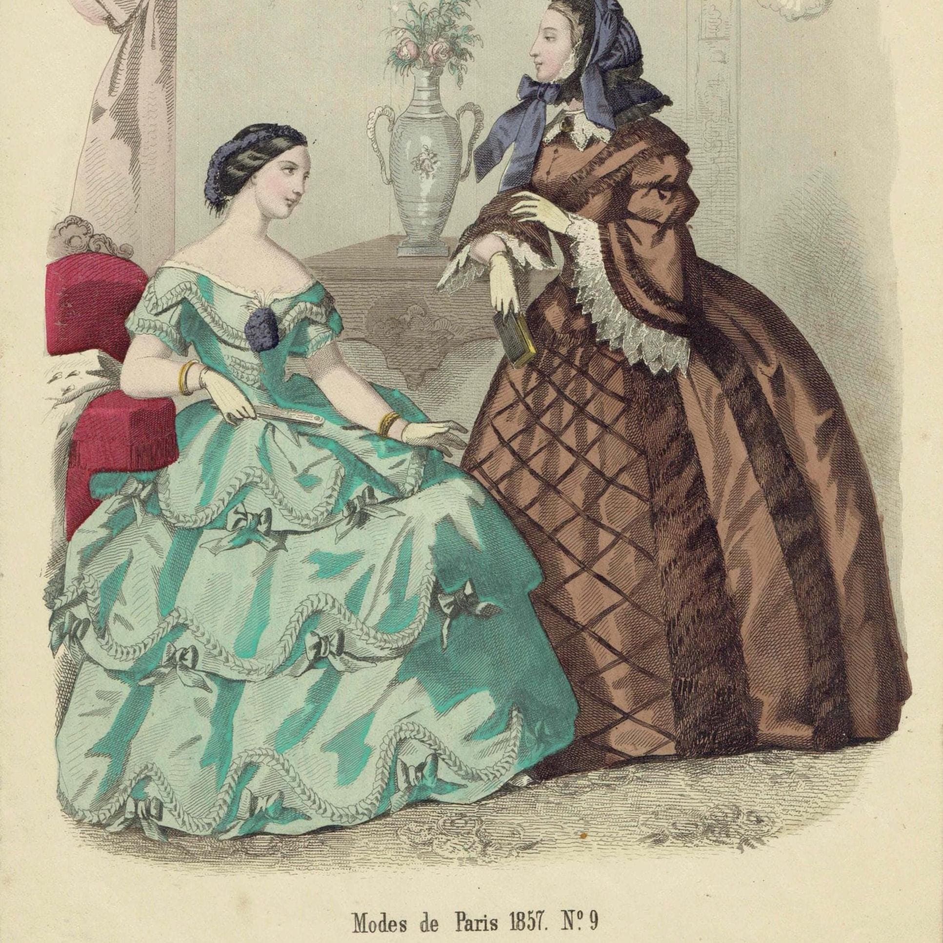 1857 Modes de Paris No.9 Print - Hand-Coloured Fashion Plate - Parisian Dress Costume History - 9.75 x 6.75 in