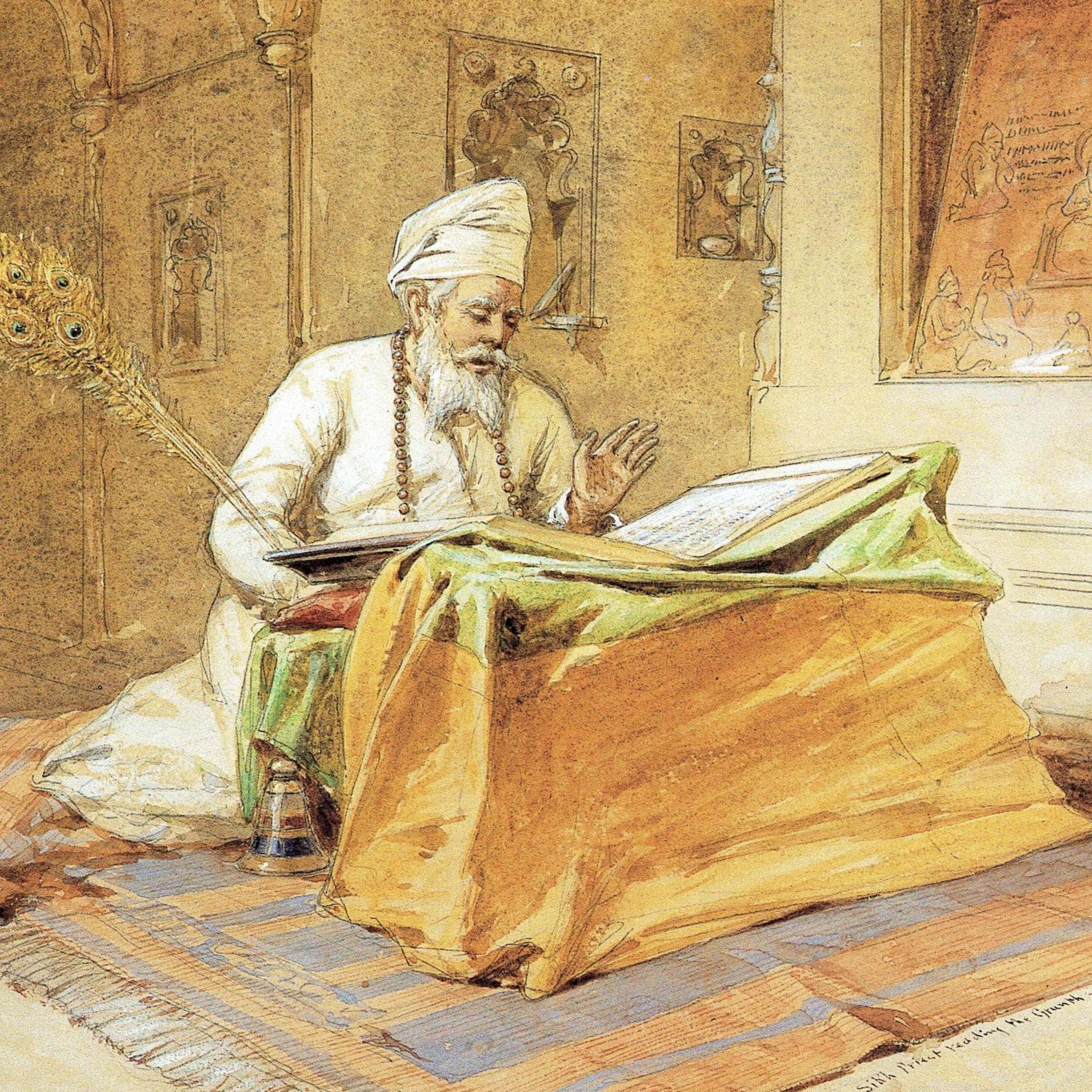 1860 Sikh Reading Granth Amritsar - Original Vintage Print By Simpson - Indian Religious Portrait Historical Study - 9.25 x 8.5 in