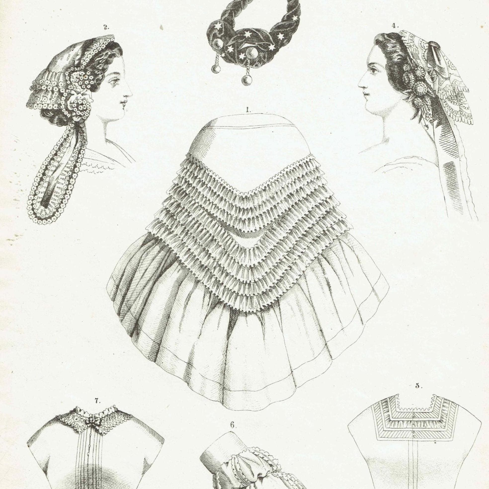 1859 Modes de Paris Fashion No.17 Print - Headpieces & Mantle Design - Victorian Costume Illustration - 9.5 x 6.5 in