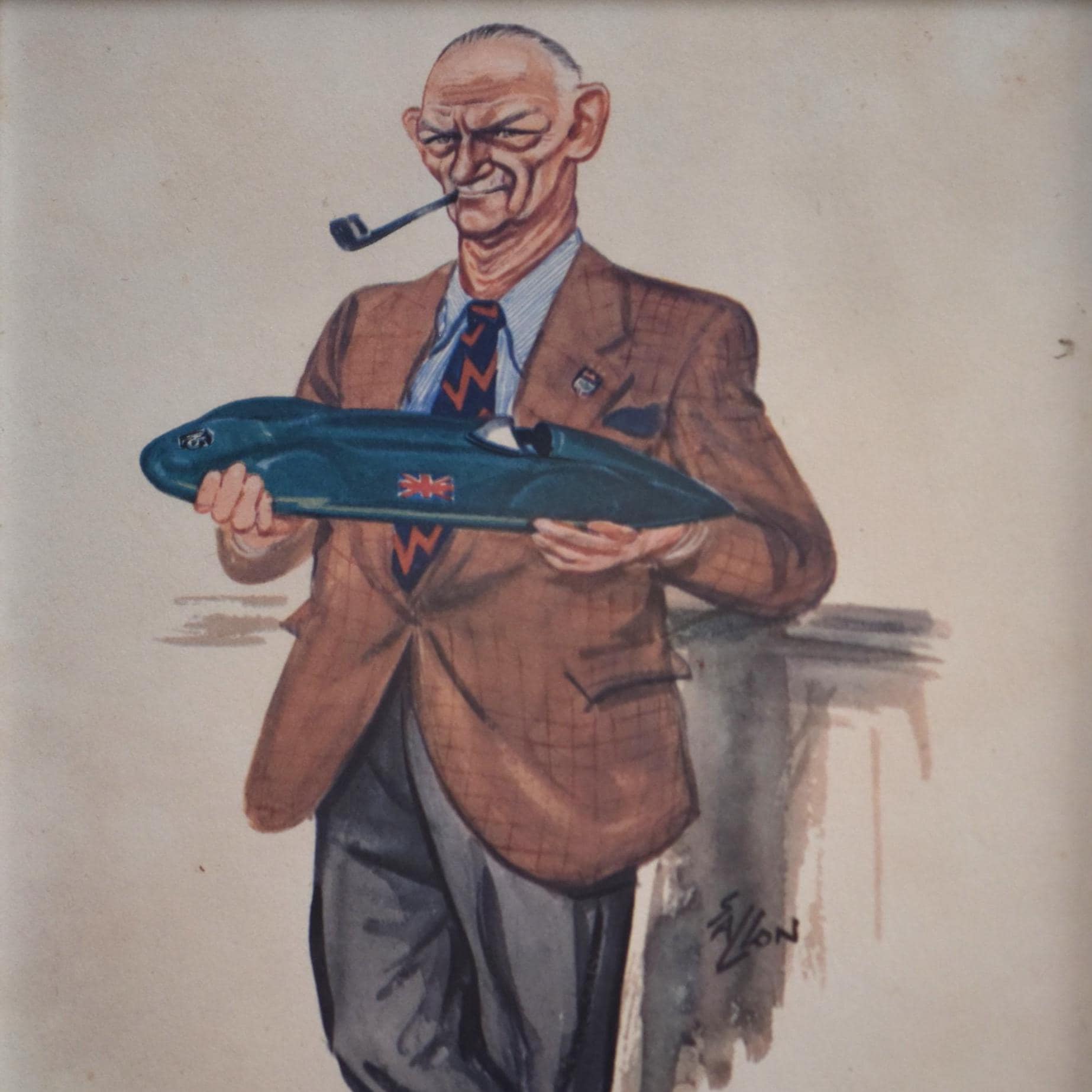 1956 Lt.-Col. A. T. Goldie Gardner Caricature Sallon Print - British Racing Driver MG Cars - Charles Sallon Watercolour Art - 11 x 7.75 in