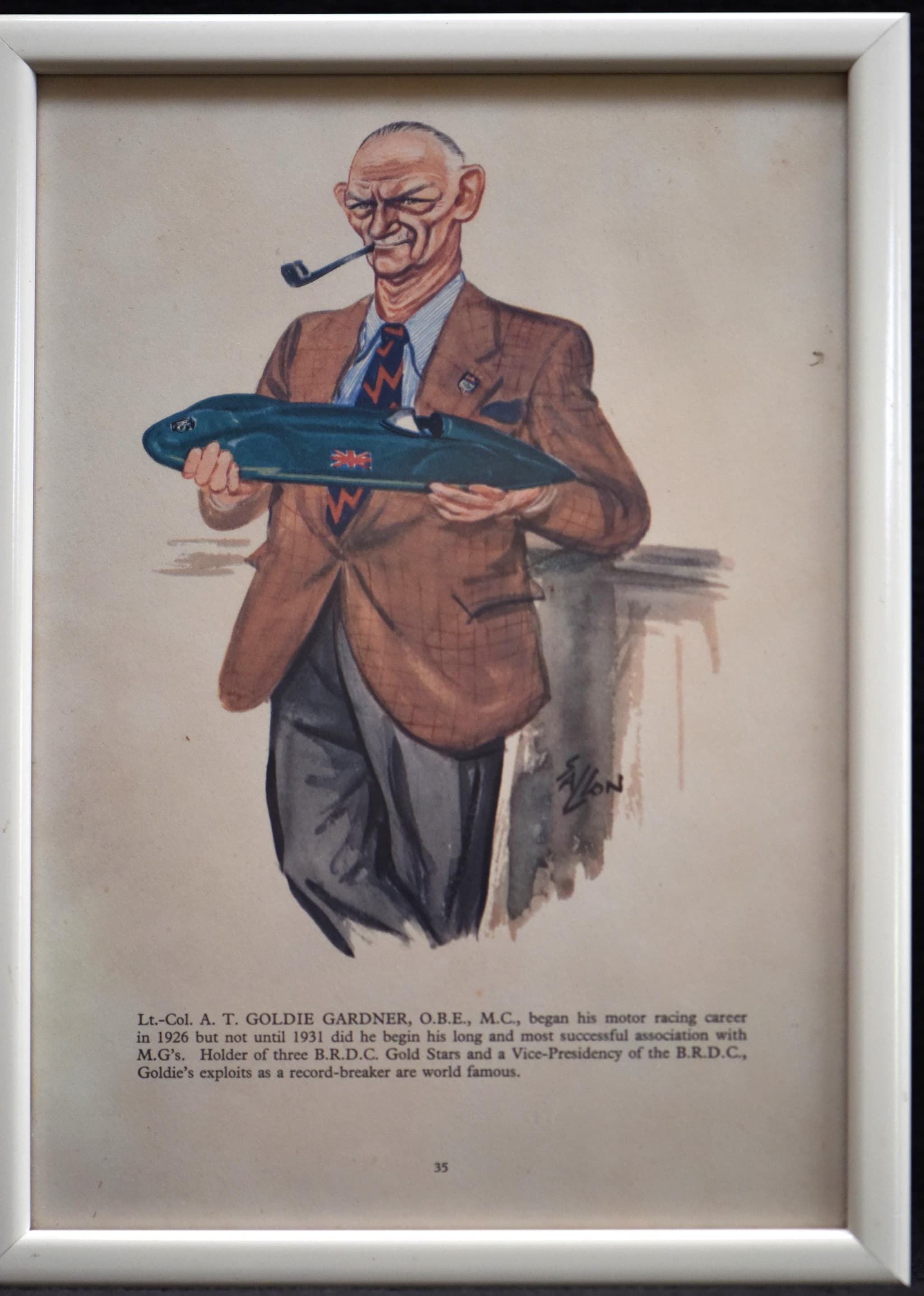 1956 Lt.-Col. A. T. Goldie Gardner Caricature Sallon Print - British Racing Driver MG Cars - Charles Sallon Watercolour Art - 11 x 7.75 in - Image 2