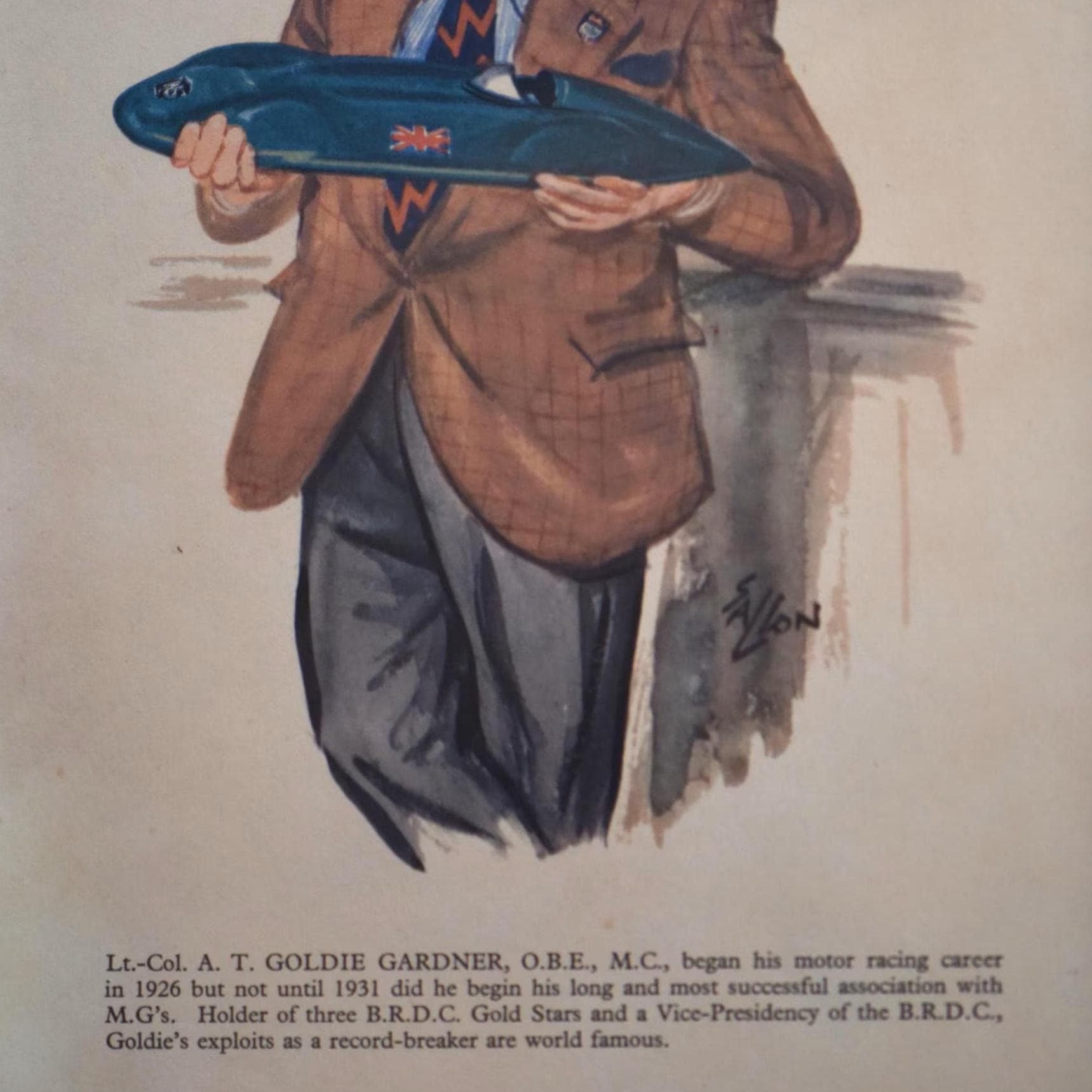 1956 Lt.-Col. A. T. Goldie Gardner Caricature Sallon Print - British Racing Driver MG Cars - Charles Sallon Watercolour Art - 11 x 7.75 in - Image 3