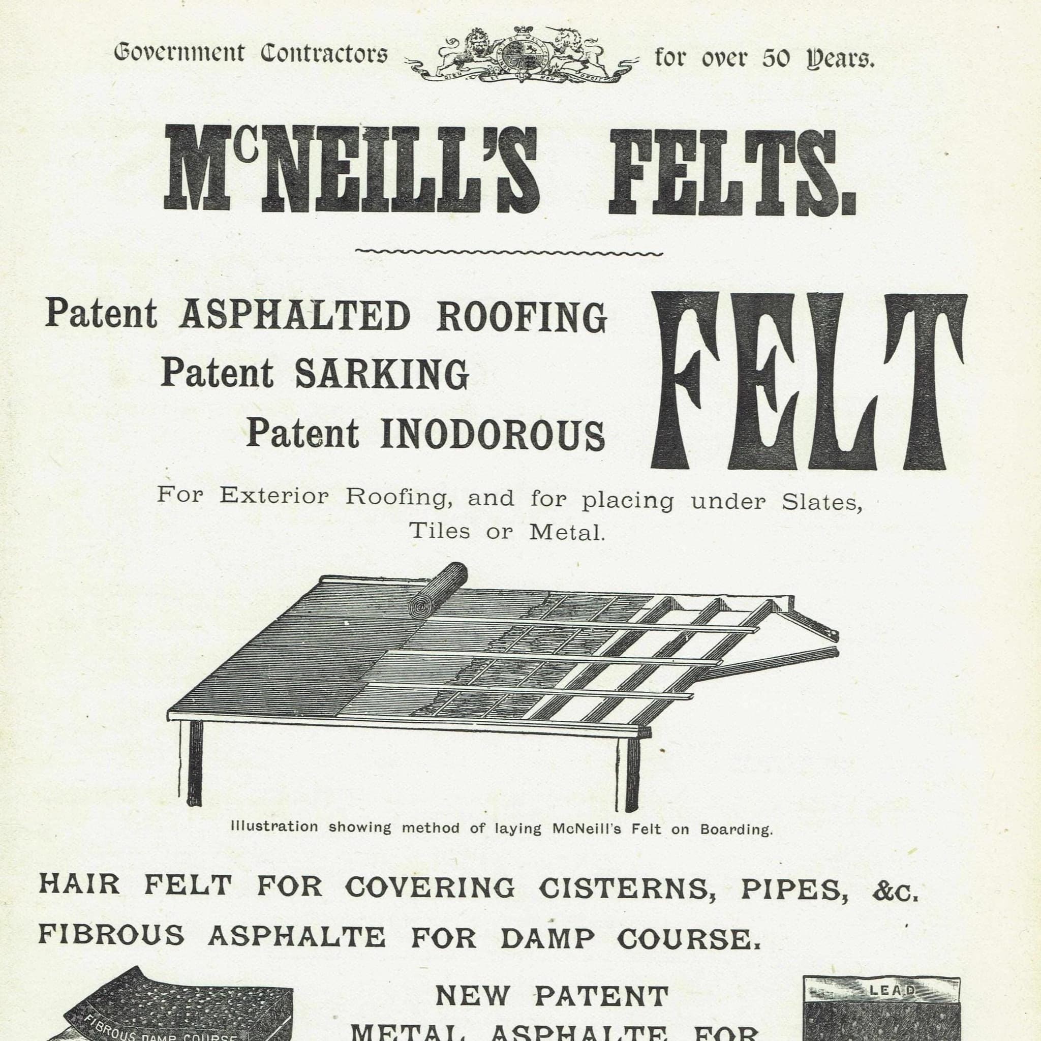 1898 McNeill’s Felt Slag Wool Print - Victorian Roofing, Damp-Proofing & Fire-Proofing - Antique Advert - 8 x 10.75 in