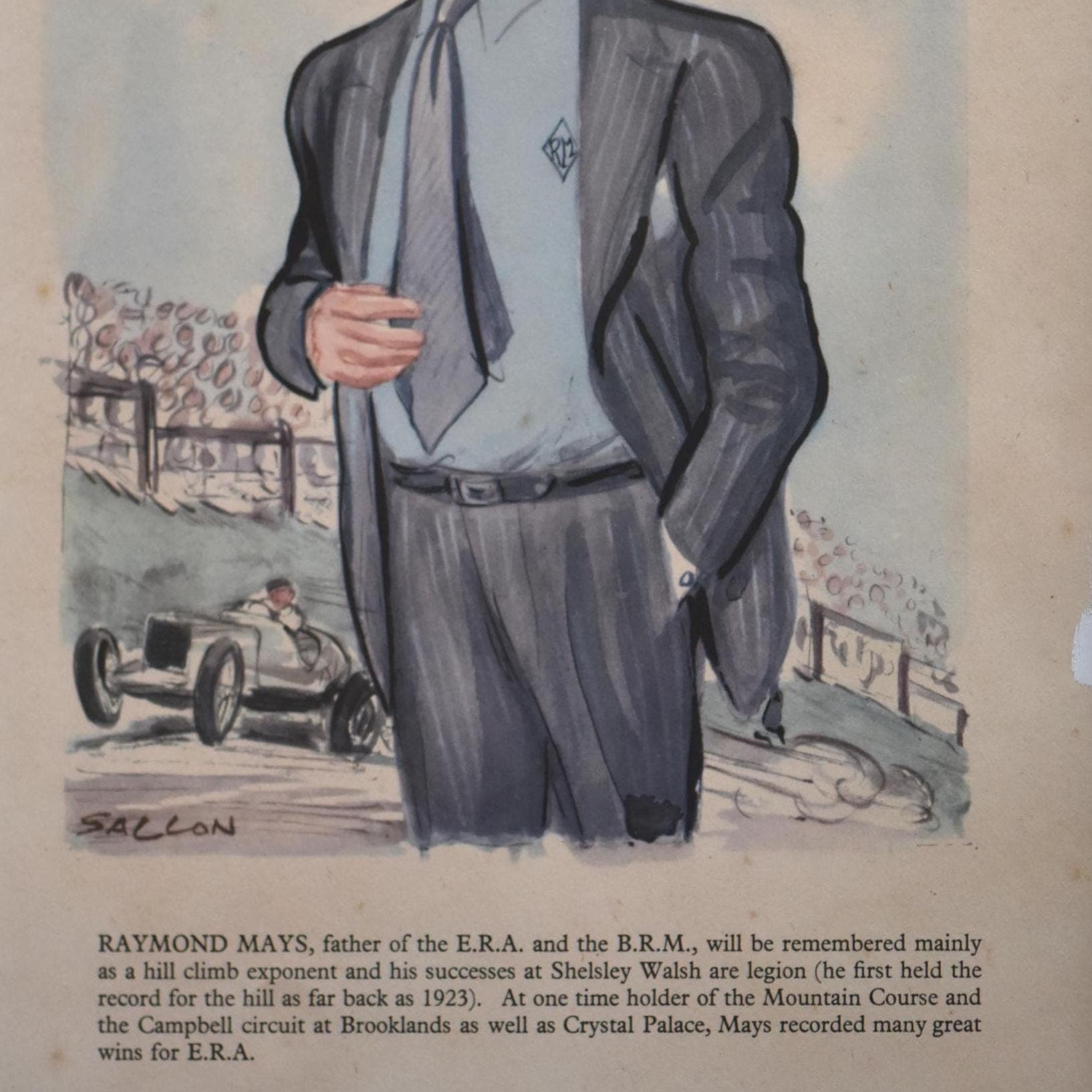 1956 Raymond Mays Caricature by Sallon Print - British Racing Motors BRM Founder - ERA Racing Driver Shelsley Walsh Champion - 11 x 7.75 in - Image 3