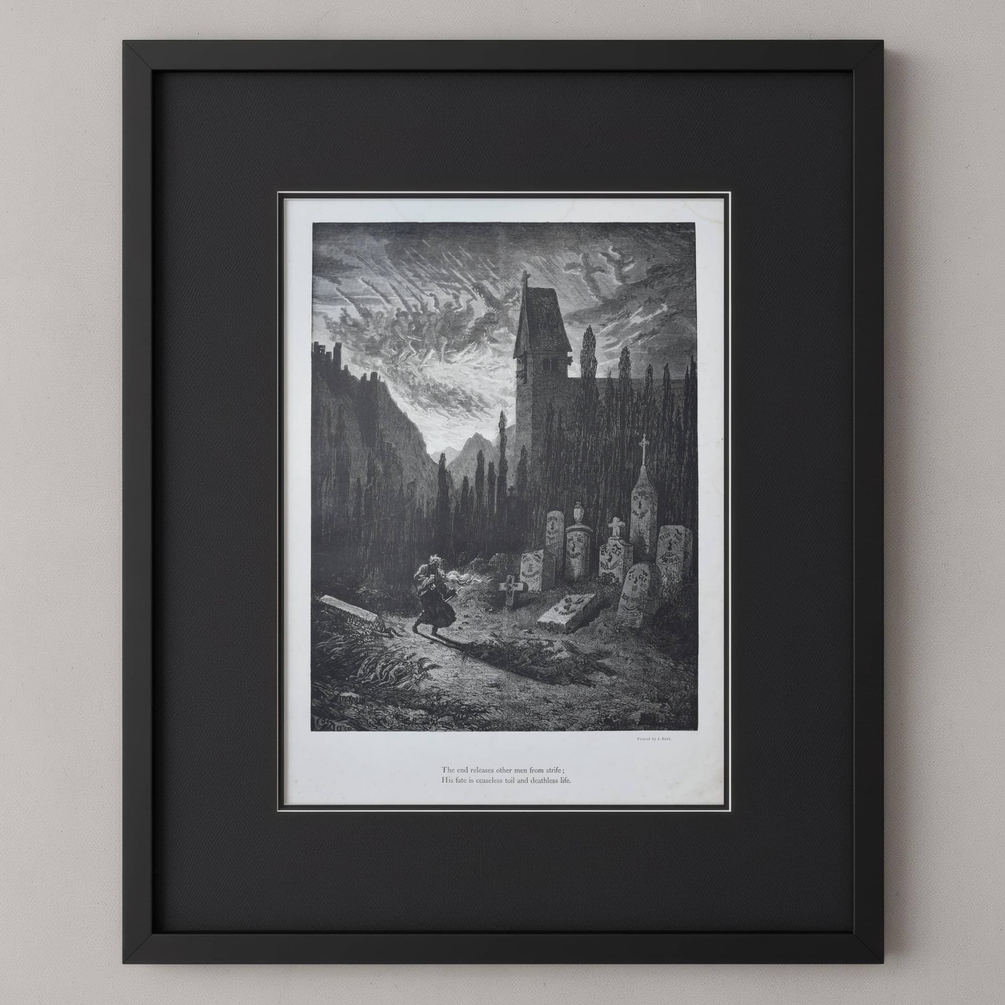 1866 Gustave Doré Legend Of The Wandering Jew Graveyard Plate 6 - Original Antique Engraving - Gothic Horror Medieval Religious - 14 x 20 in