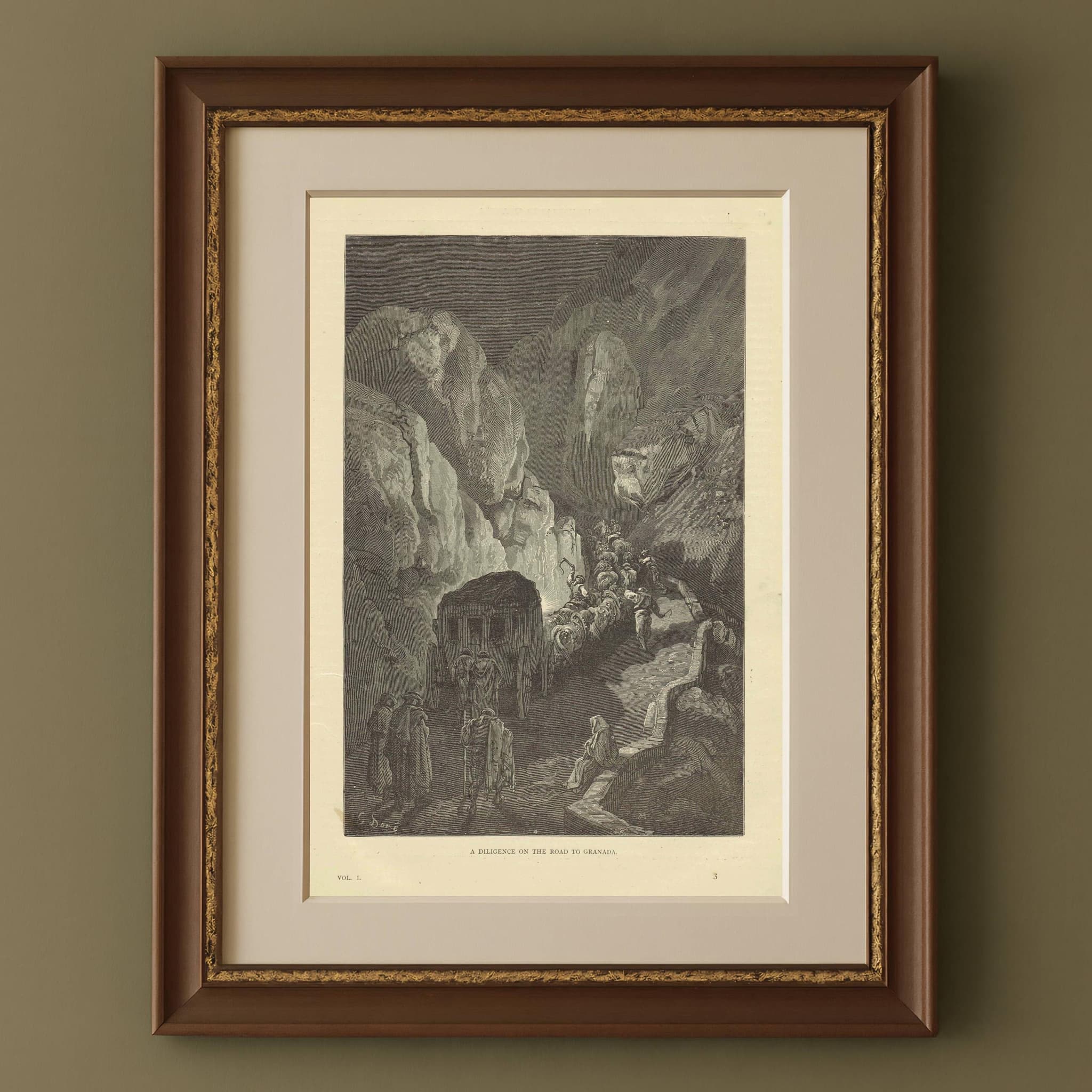 1870s Antique Granada Road Coach Travel Original Woodblock Print - Spanish Mountain Journey - Victorian Book Illustration - 8.5 x 12 in