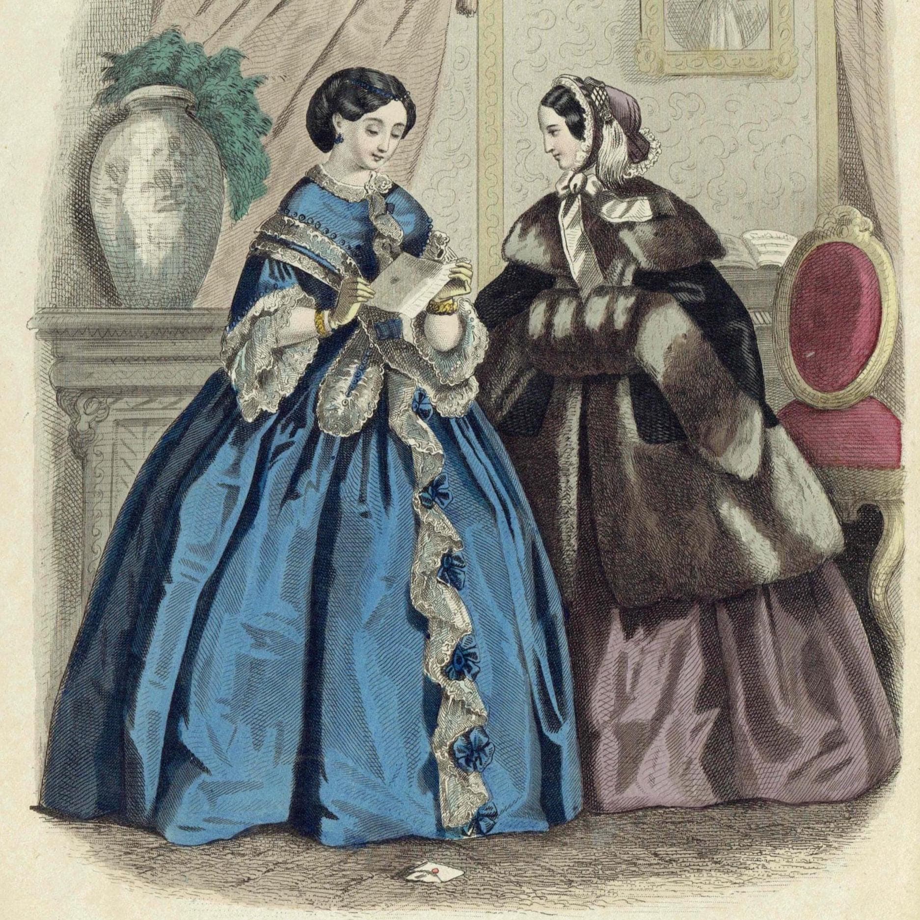 1857 Modes de Paris No.3 Print - Victorian Women Reading Letter - Hand-Coloured Lithograph Fashion Plate - 9.75 x 6.75 in