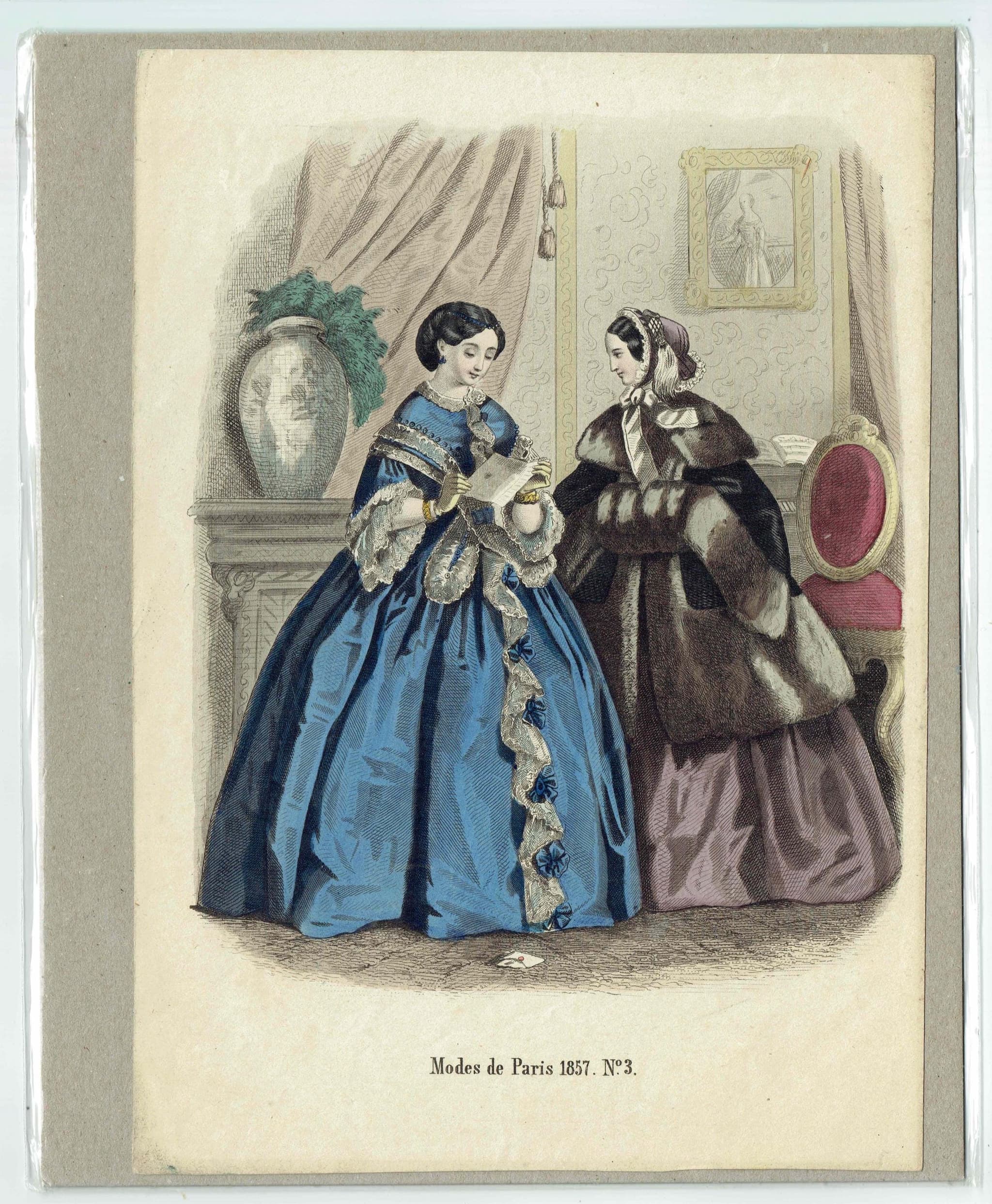 1857 Modes de Paris No.3 Print - Victorian Women Reading Letter - Hand-Coloured Lithograph Fashion Plate - 9.75 x 6.75 in - Image 2
