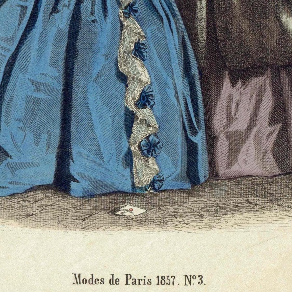 1857 Modes de Paris No.3 Print - Victorian Women Reading Letter - Hand-Coloured Lithograph Fashion Plate - 9.75 x 6.75 in - Image 3