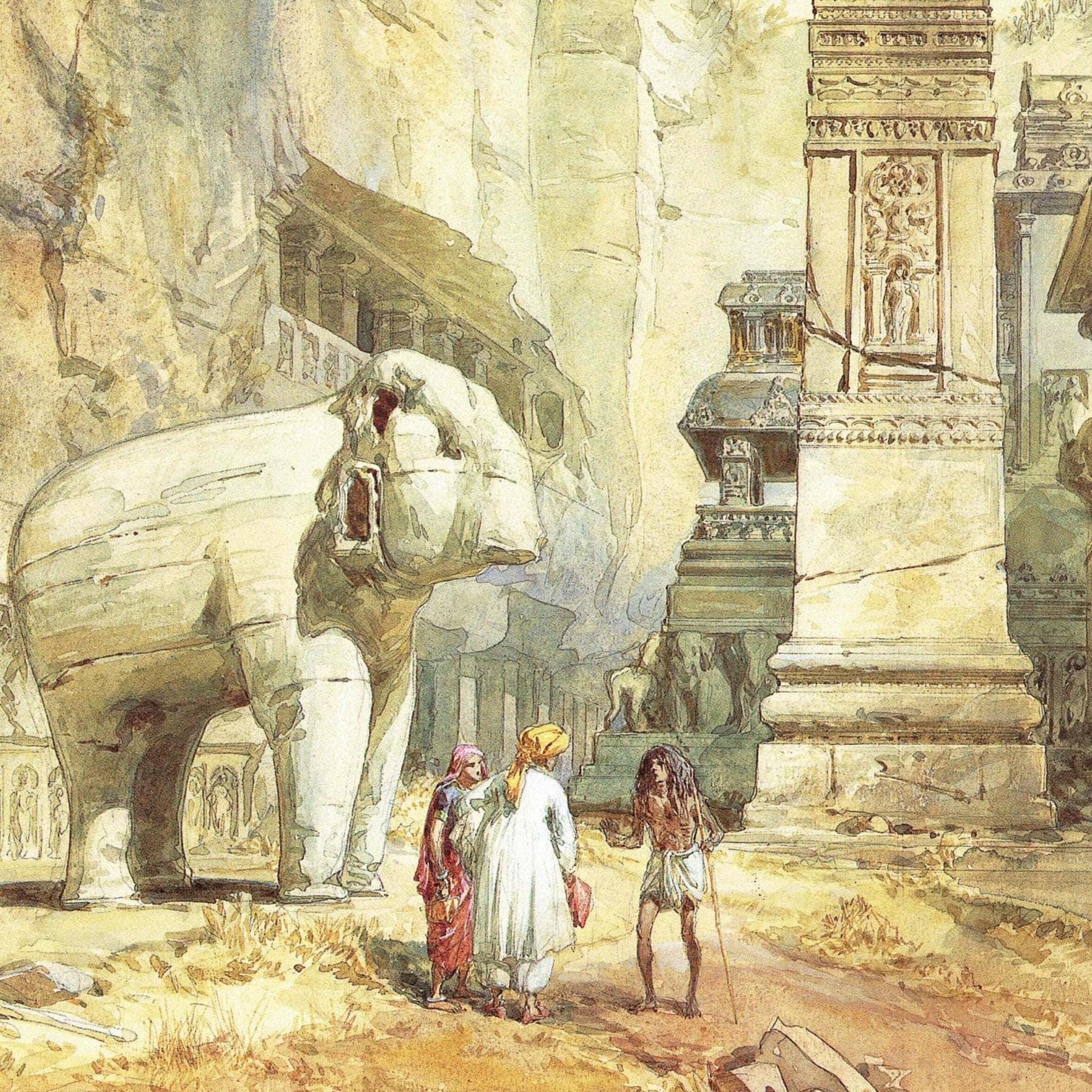 1859 Indian Temple Elephant - Original Vintage Print By Simpson - Victorian Architecture Colonial Travel Sketchbook Art - 6.5 x 9.25 in