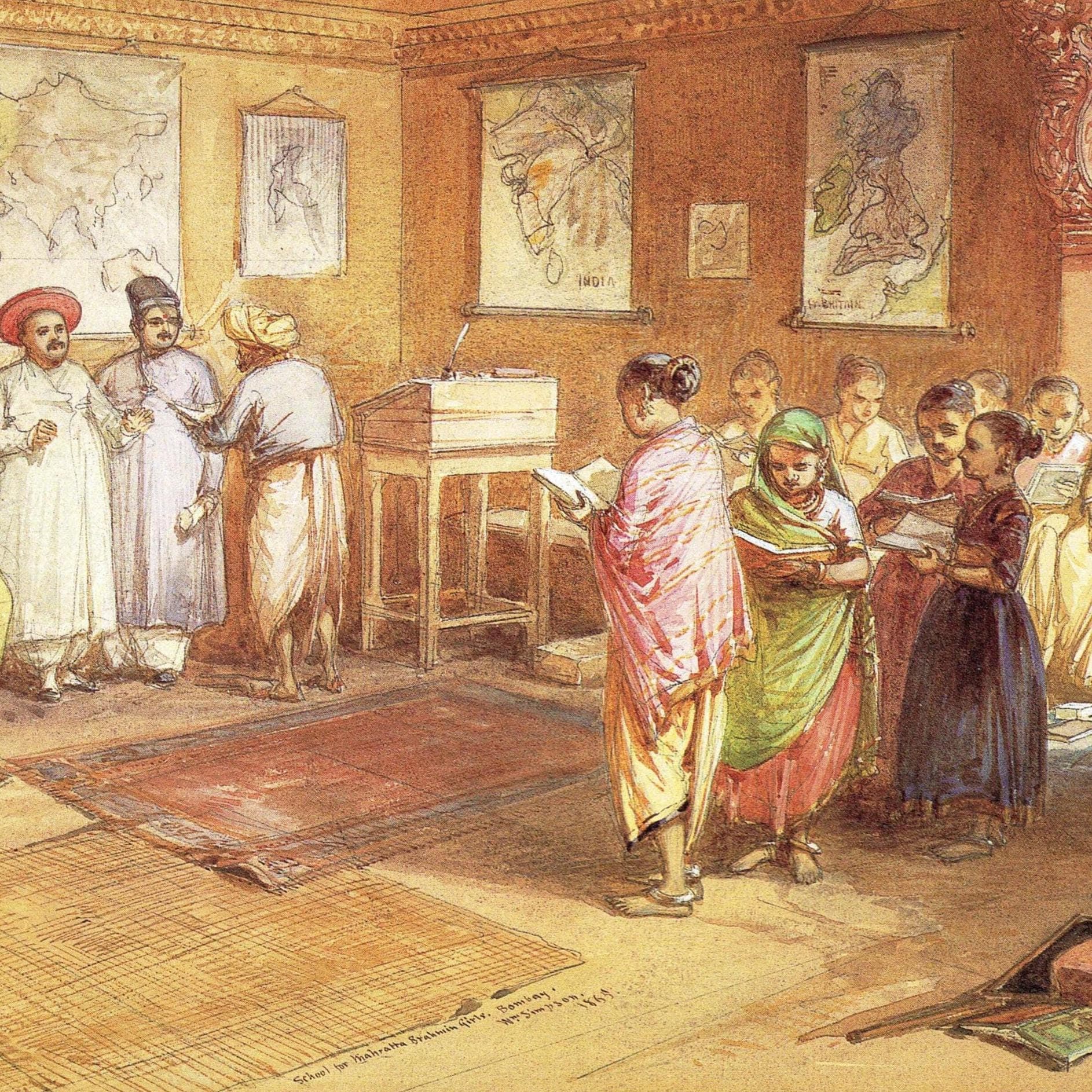 1862 Maratha Brahmin Girls School Bombay - Original Vintage Print By Simpson - Indian Education Victorian Colonial History - 9.25 x 8.5 in
