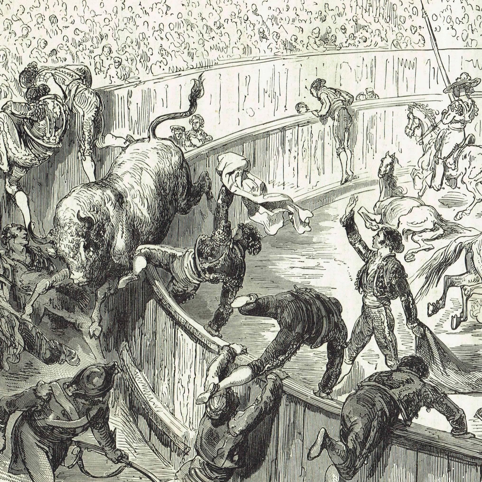 1870s Bull Leaping Arena Original Woodblock Print - Victorian Bullfighting Scene - Antique Book Illustration - 12 x 8.5 in - Image 3