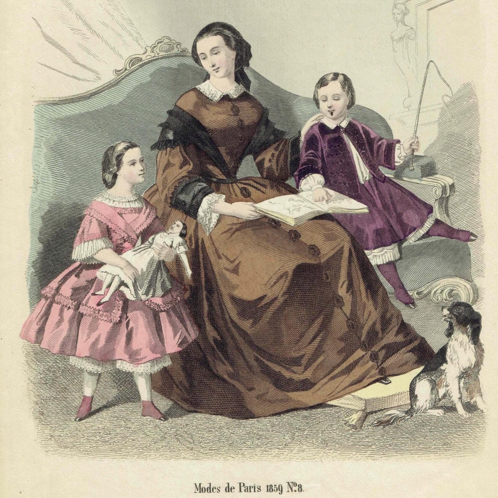 1859 Modes de Paris No.8 Print - Paris Fashion Plate - Victorian Costume Art with Mother & Children - 9.75 x 6.75 in