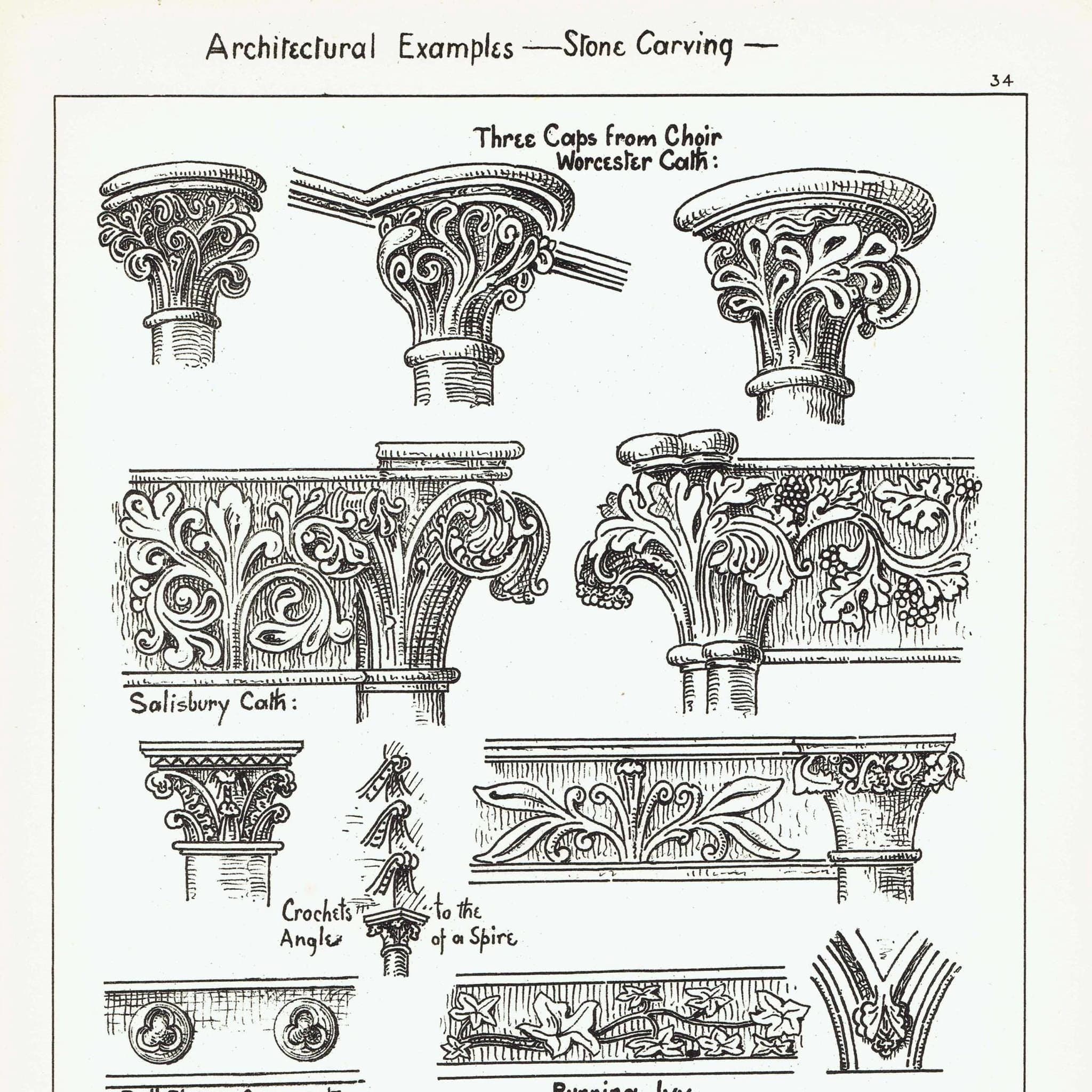 1898 Stone Carving Salisbury Worcester Cathedrals 3 Caps from Choir Architectural Print - Fullerton - Building Illustration - 8 x 10.75 in