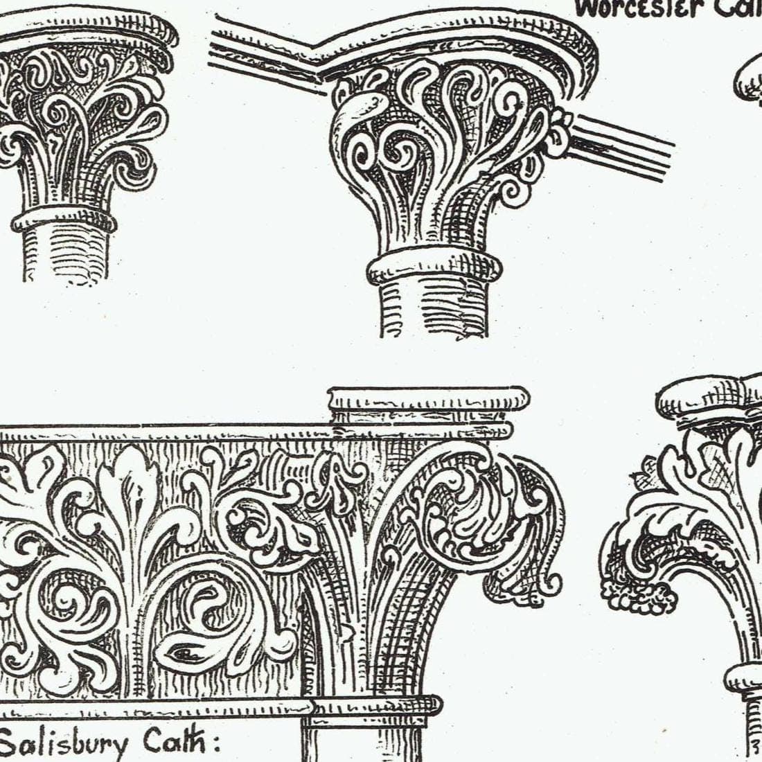 1898 Stone Carving Salisbury Worcester Cathedrals 3 Caps from Choir Architectural Print - Fullerton - Building Illustration - 8 x 10.75 in - Image 3