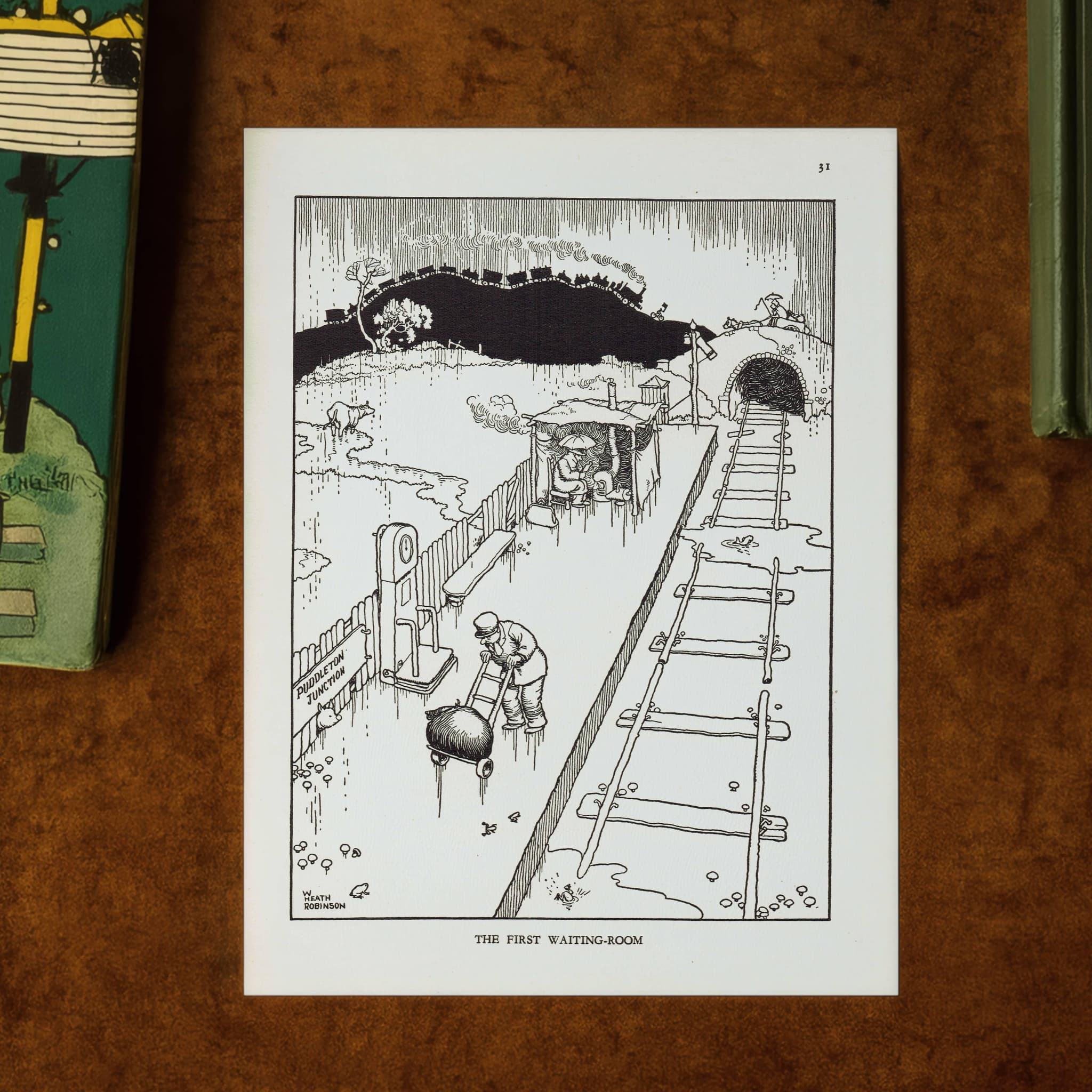 1935 Railway Humour - Original Vintage Print By Heath Robinson - Great Western Railway Centenary Cartoon Satire - 7 x 9.5 in