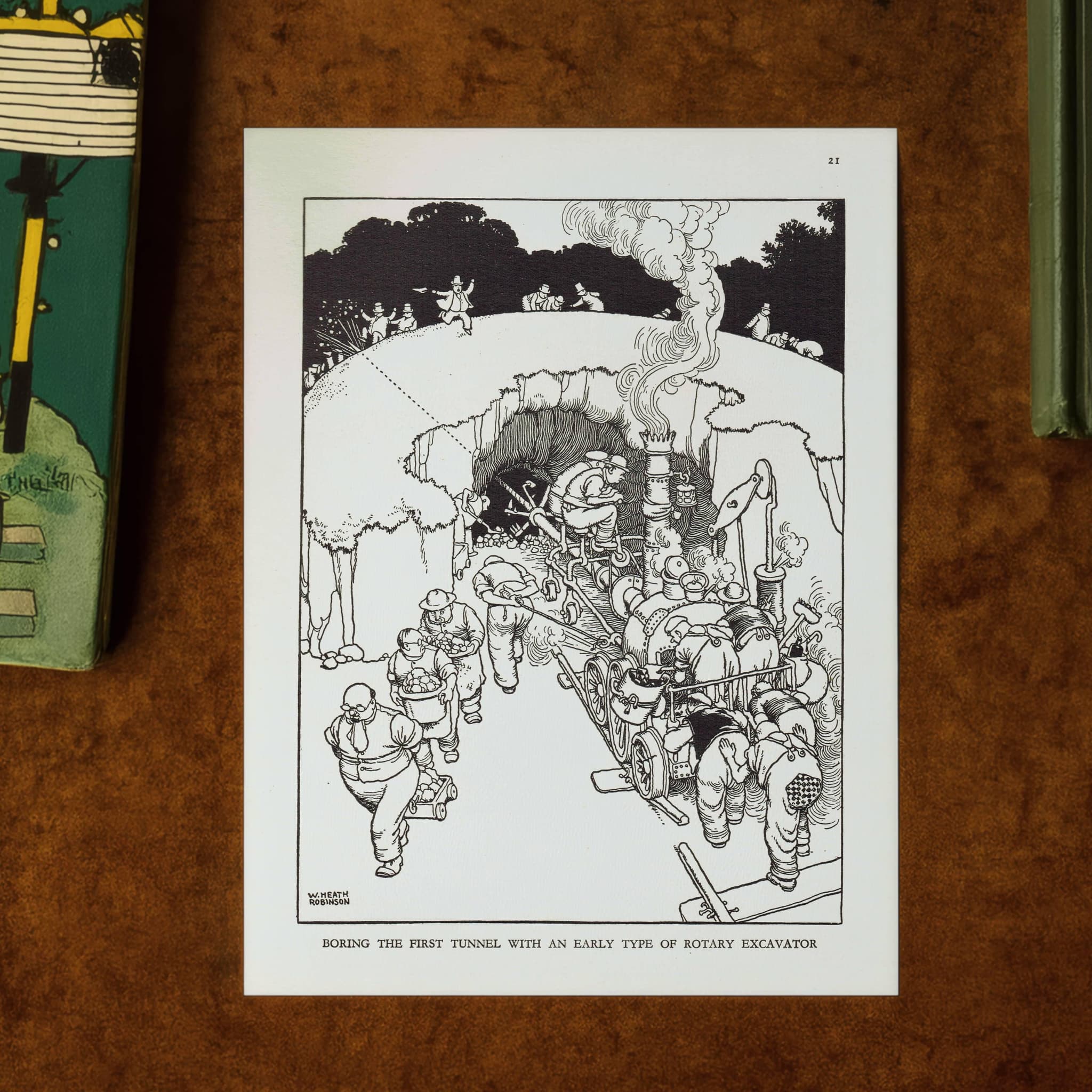 1935 Railway Tunnel Excavator - Original Vintage Print By Heath Robinson - Great Western Railway Centenary Humorous Cartoon - 7 x 9.5 in
