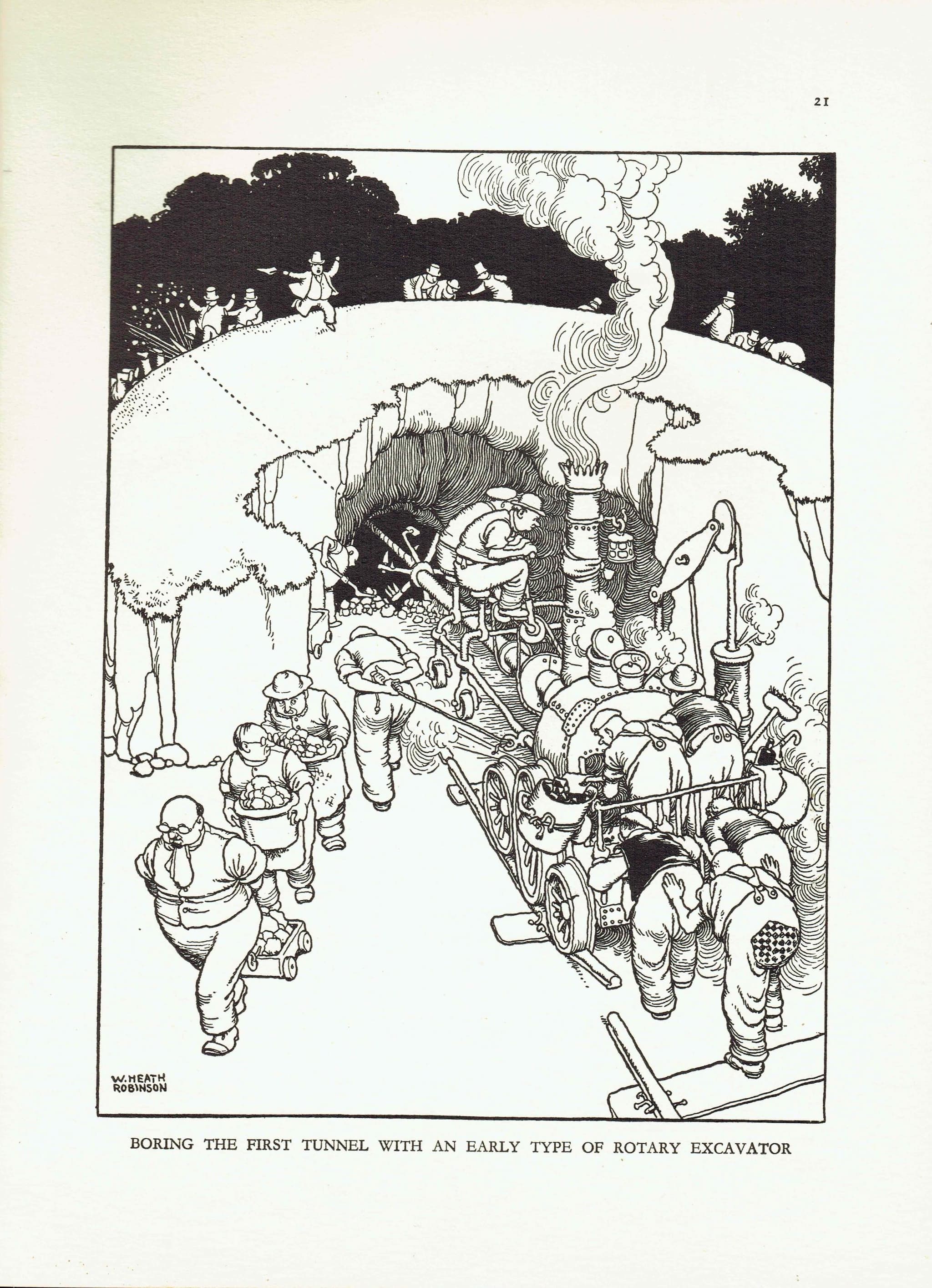 1935 Railway Tunnel Excavator - Original Vintage Print By Heath Robinson - Great Western Railway Centenary Humorous Cartoon - 7 x 9.5 in - Image 2