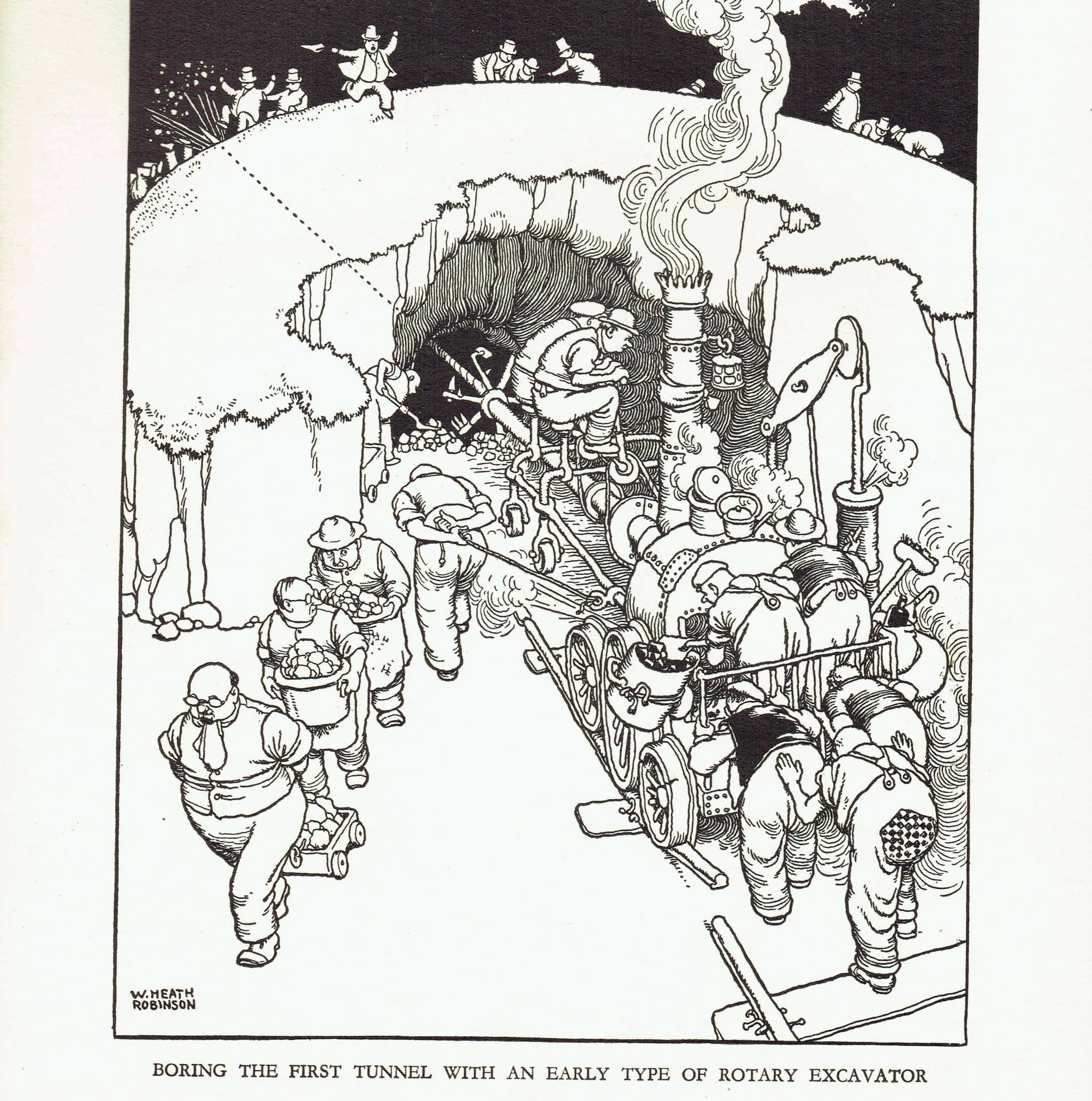 1935 Railway Tunnel Excavator - Original Vintage Print By Heath Robinson - Great Western Railway Centenary Humorous Cartoon - 7 x 9.5 in - Image 4