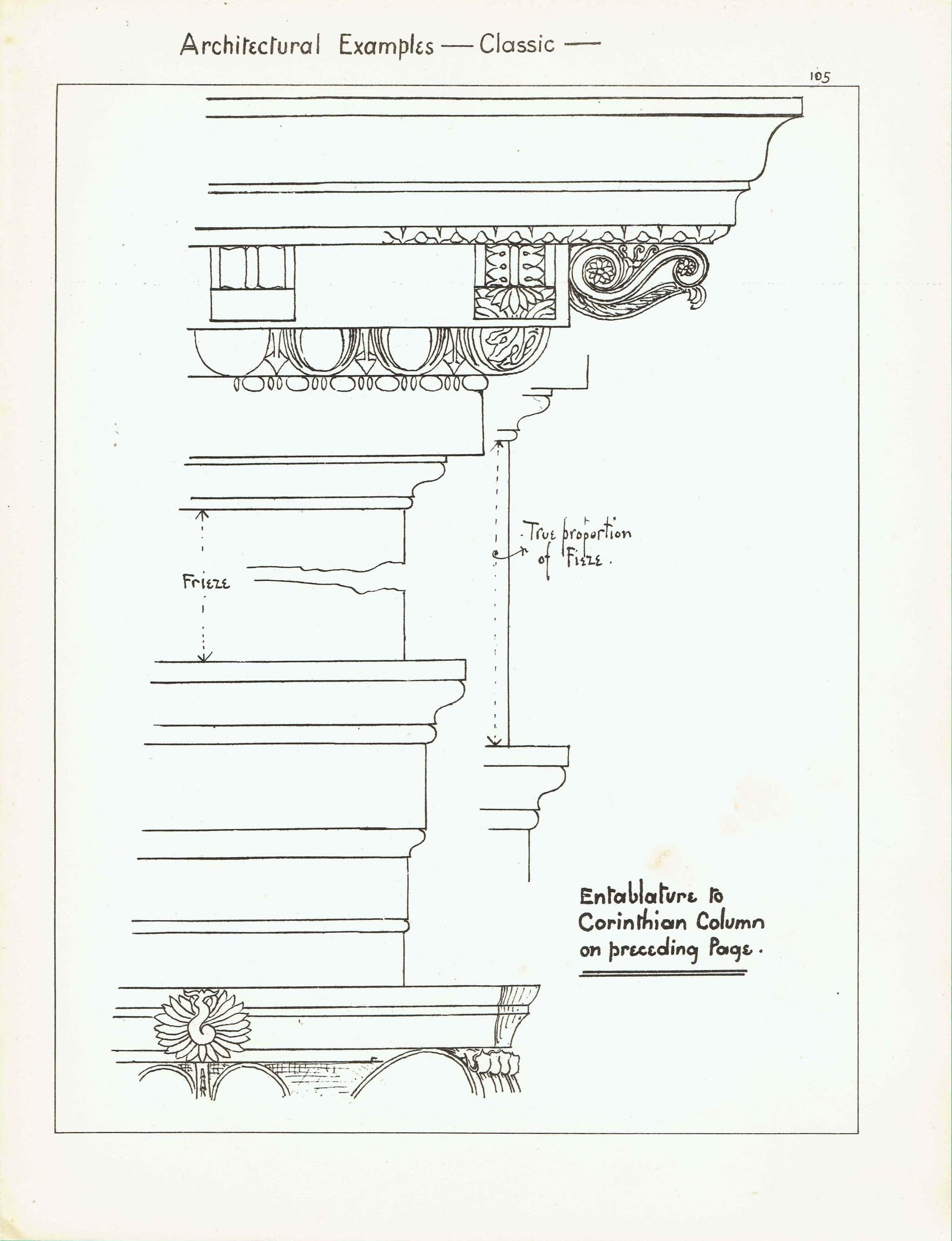 1898 Classic Architectural Frieze Print - Corinthian Entablature, Decorative Mouldings & Ornament - Antique Plate - 8 x 10.75 in