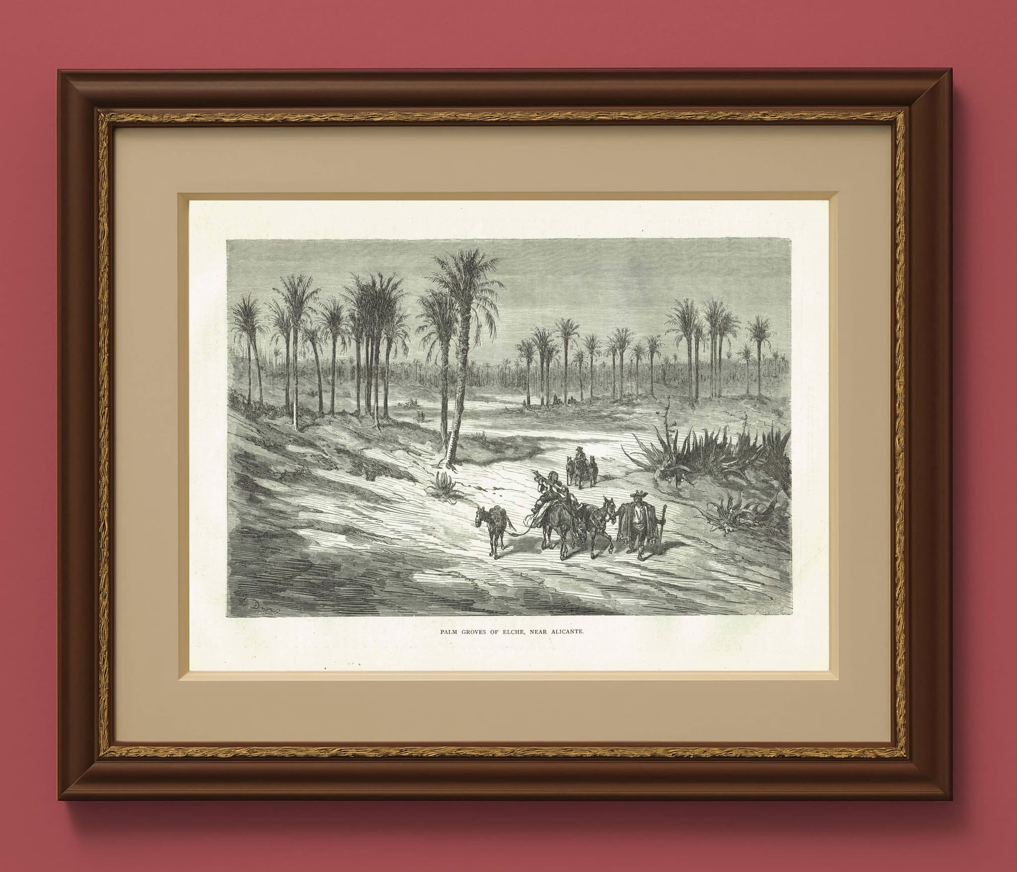 1870s Original Detailed Spanish Palm Grove Landscape Woodblock Print - Victorian Travel Book Drawing - Antique Alicante Scene - 12 x 8.5 in