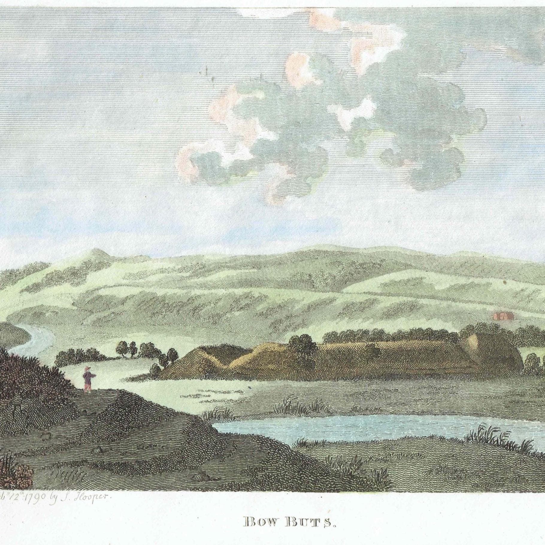 1790 Bow Butts English Landscape Print - Rural River Scene - 18th Century Antique Engraving - Countryside View by L. Parr - 6.75 x 8.75 in