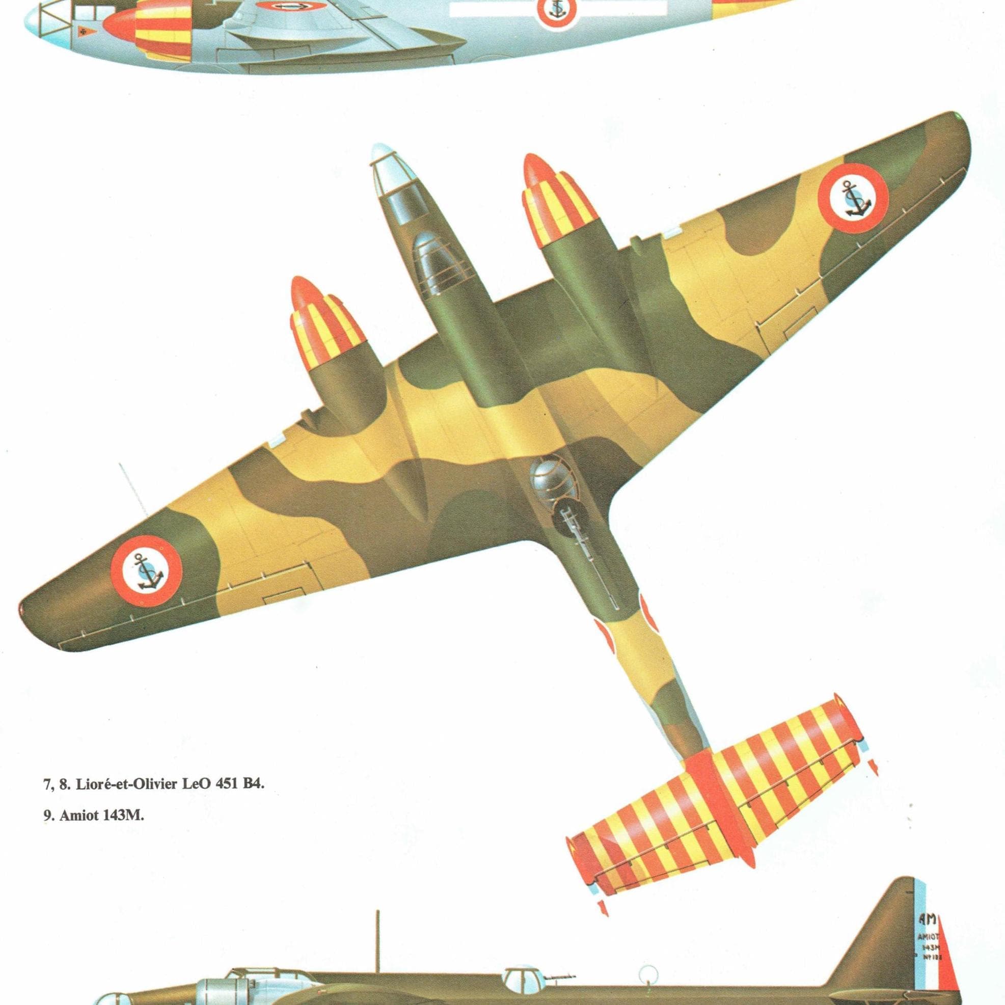 1985 Liore et Olivier LeO 451 B4 & Amiot 143M Military Planes Vintage Print - WWII Aircraft Aviation Drawing - 8 x 10.75 in