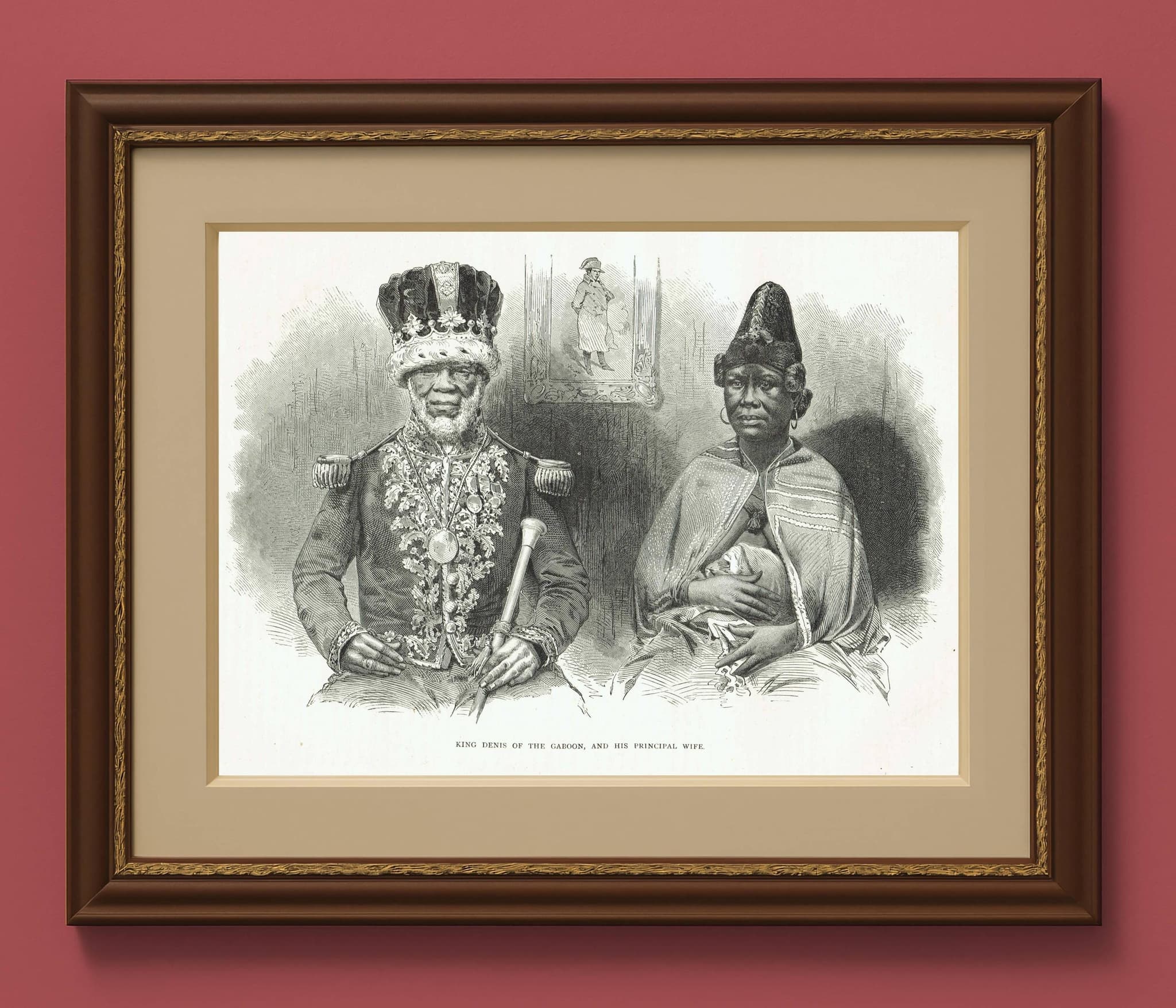 1870s Antique African Royalty Portrait Woodblock Print - King Denis Gaboon Royal Couple - Victorian Travel Book Illustration - 12 x 8.5 in