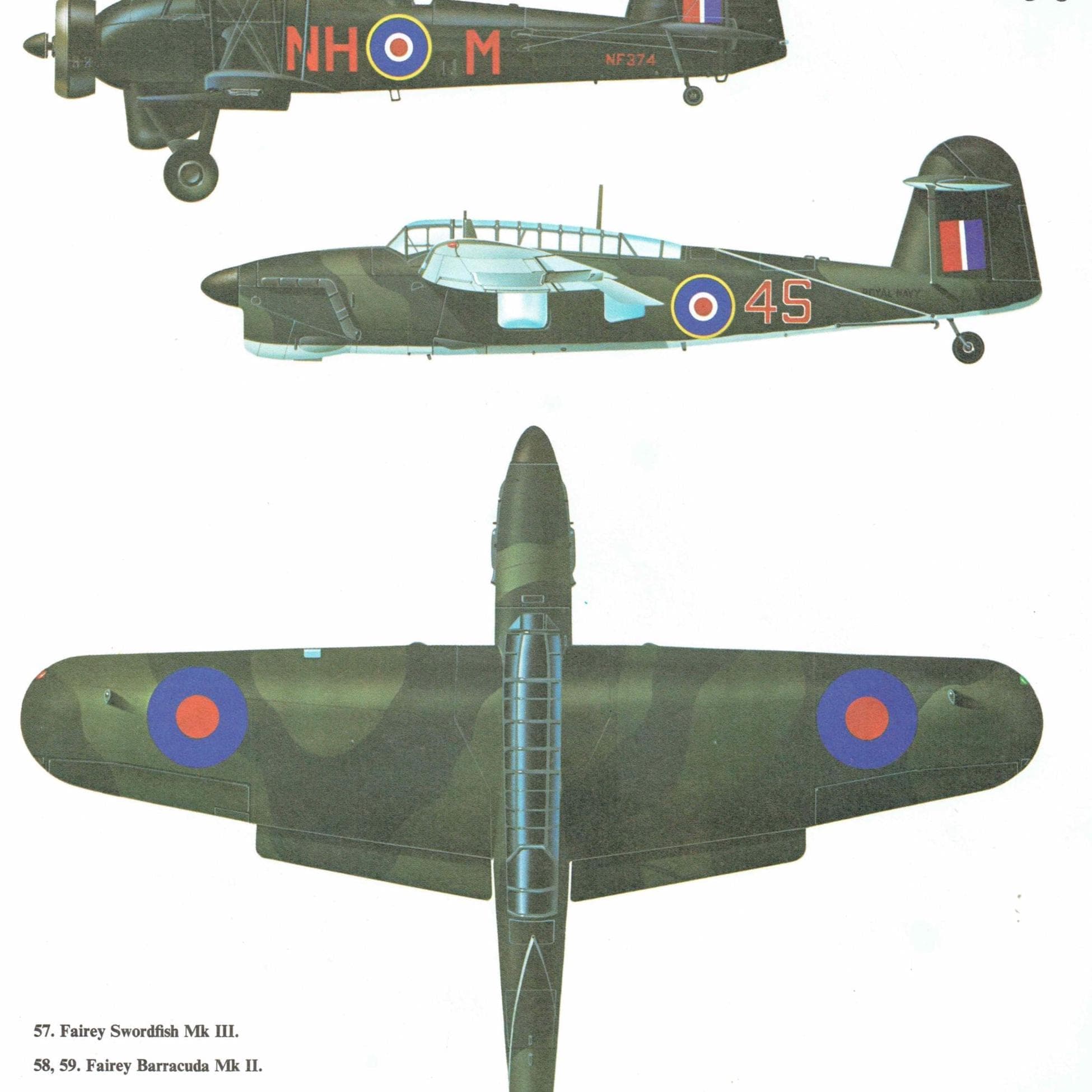 1985 - Fairey Swordfish Mk III & Fairey Barracuda Mk II Aircraft Print - Vintage WWII British Naval Planes by John A Weal - 8 x 10.75 in