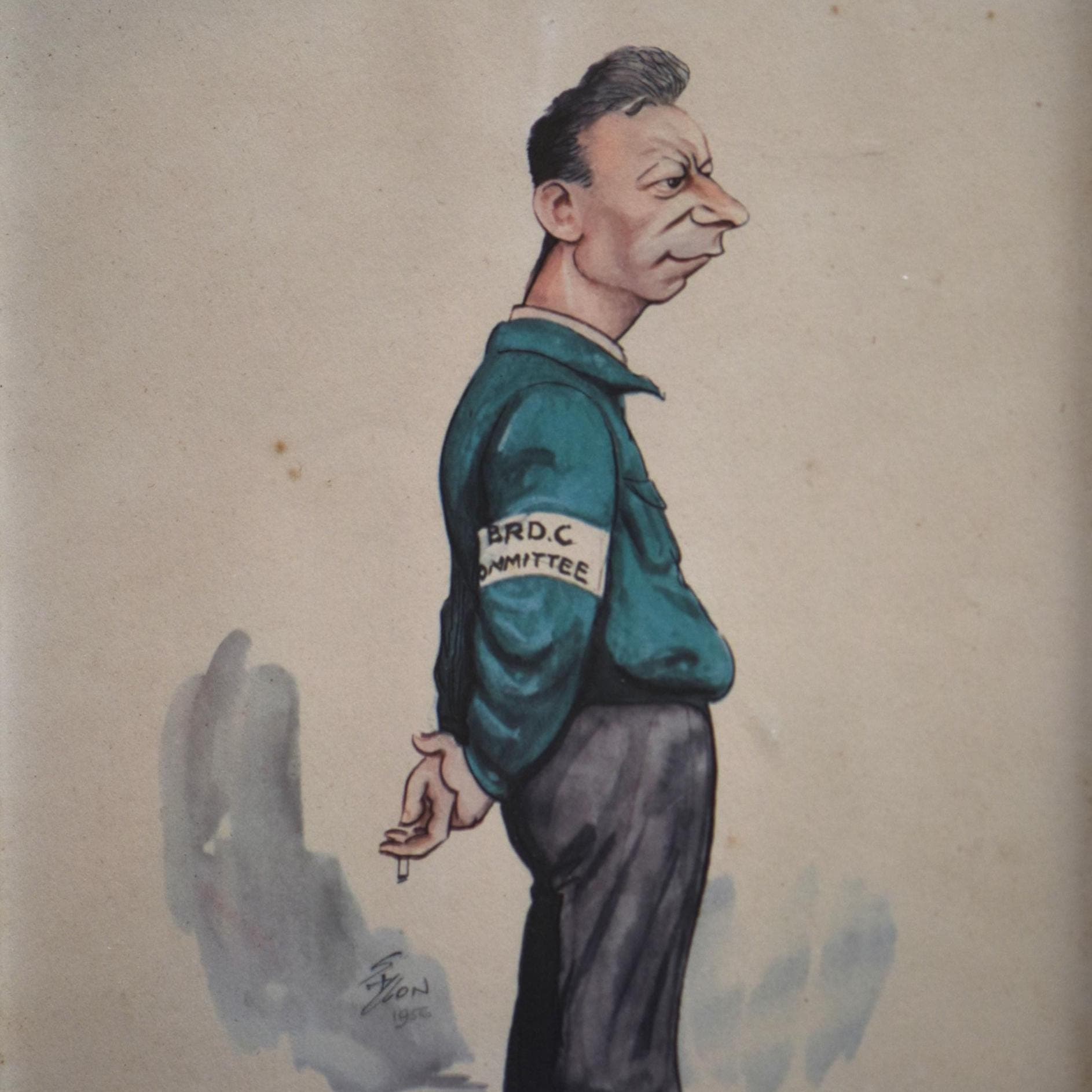 1956 George Abecassis Caricature by Sallon Print - Retired Motor Racing Driver - BRDC Committee Member - Aston Martin HWM - 11 x 7.75 in