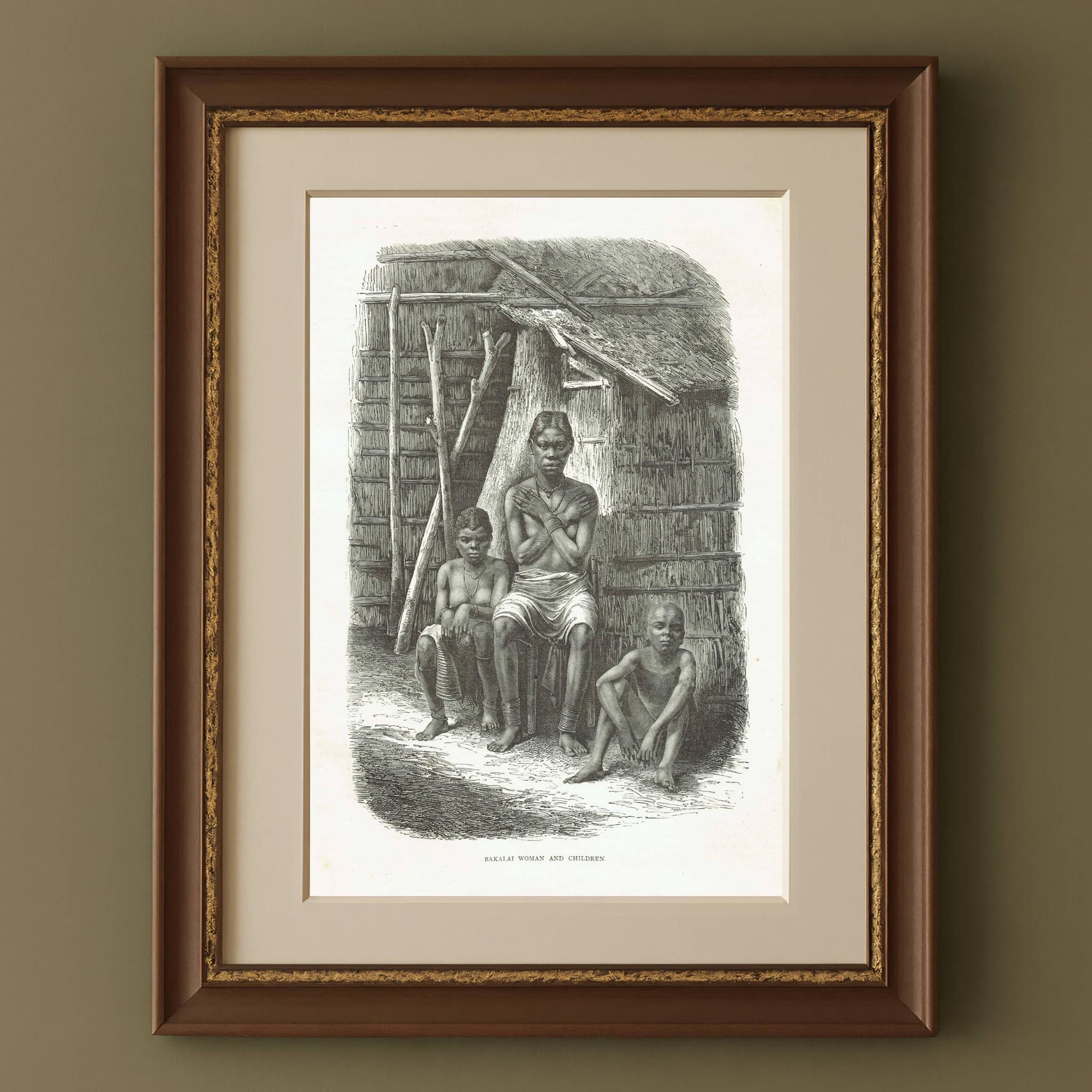 1870s Original Bakalai Woman Children African Portrait Woodblock Print - Victorian Travel Book Illustration - 8.5 x 12 in