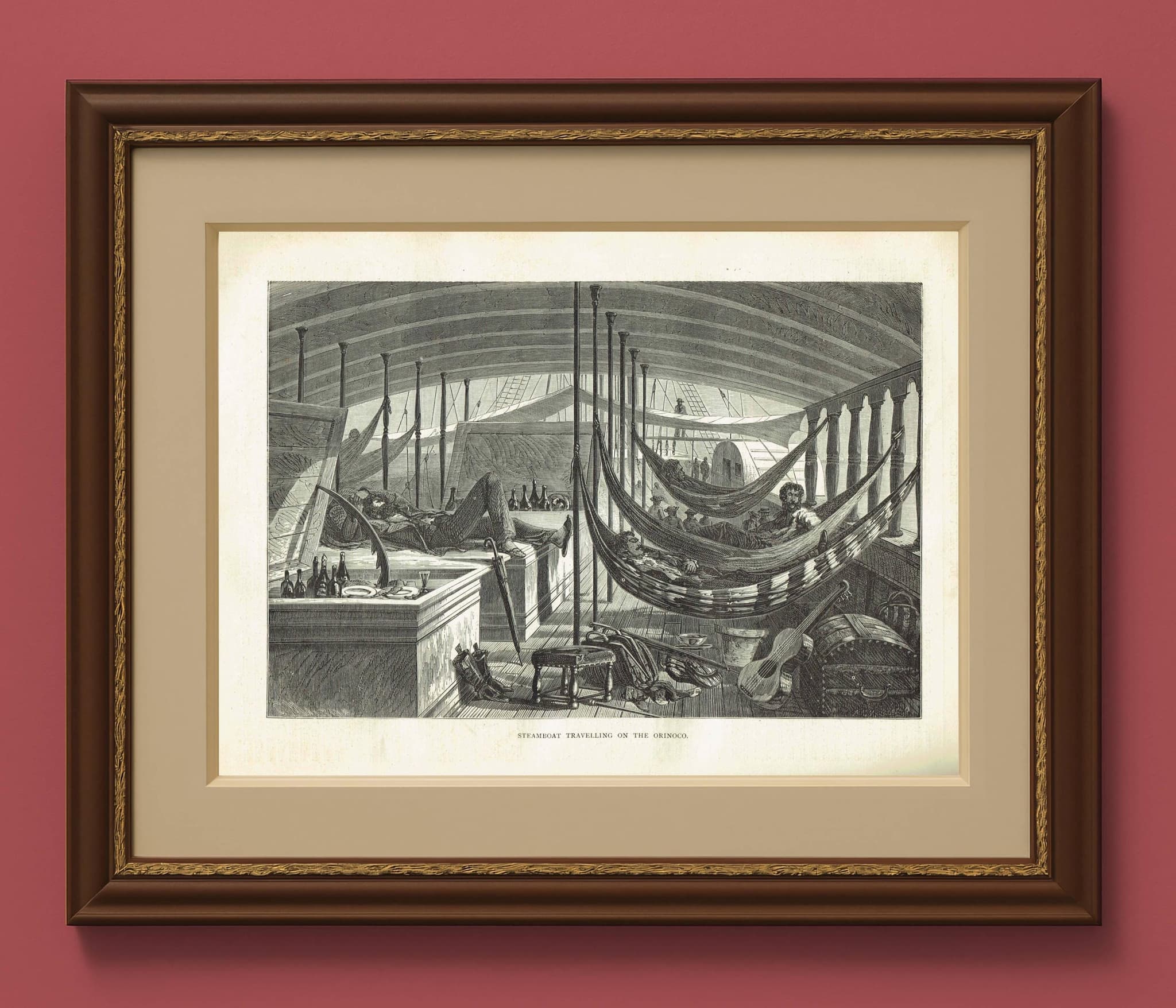1870s Original Victorian Steamboat Interior Woodblock Print - Orinoco River Travel - Antique Book Illustration - 12 x 8.5 in