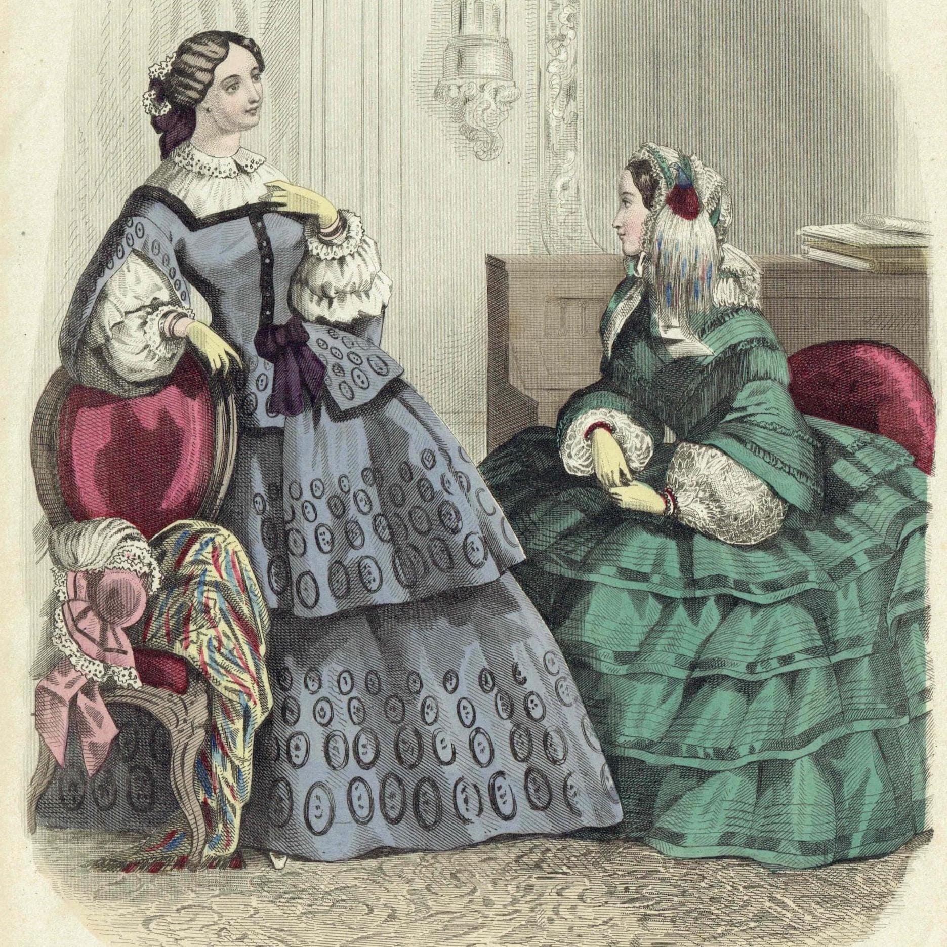 1857 Modes de Paris No. 7 Print - Hand Coloured Fashion Plate - Victorian Women's Dresses - 9.75 x 6.75 in