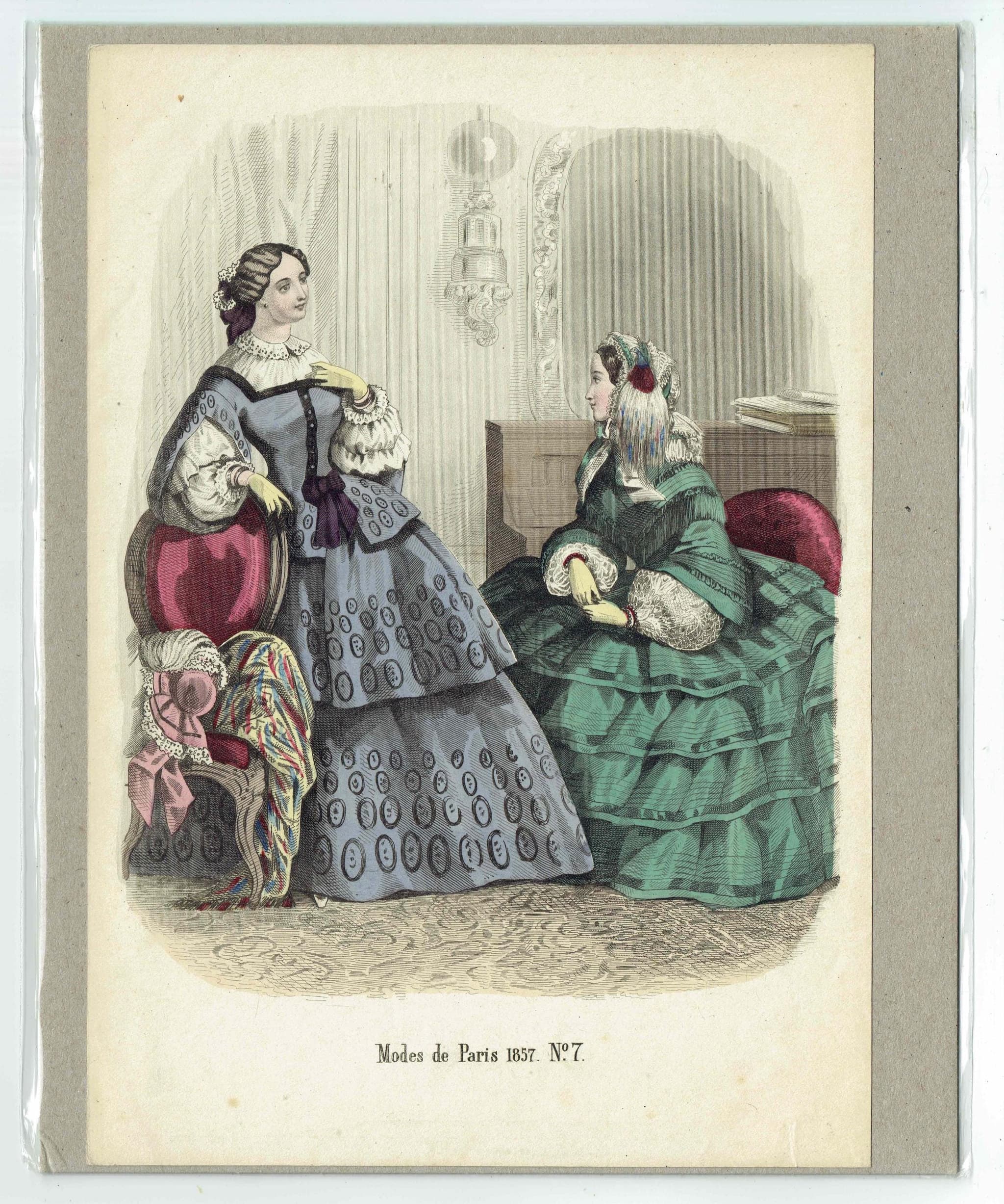1857 Modes de Paris No. 7 Print - Hand Coloured Fashion Plate - Victorian Women's Dresses - 9.75 x 6.75 in - Image 2