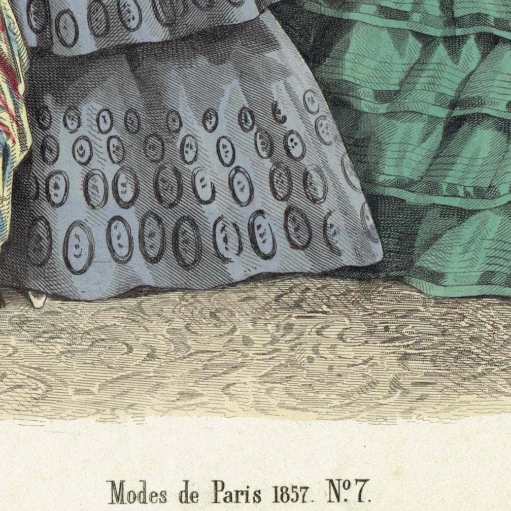 1857 Modes de Paris No. 7 Print - Hand Coloured Fashion Plate - Victorian Women's Dresses - 9.75 x 6.75 in - Image 3
